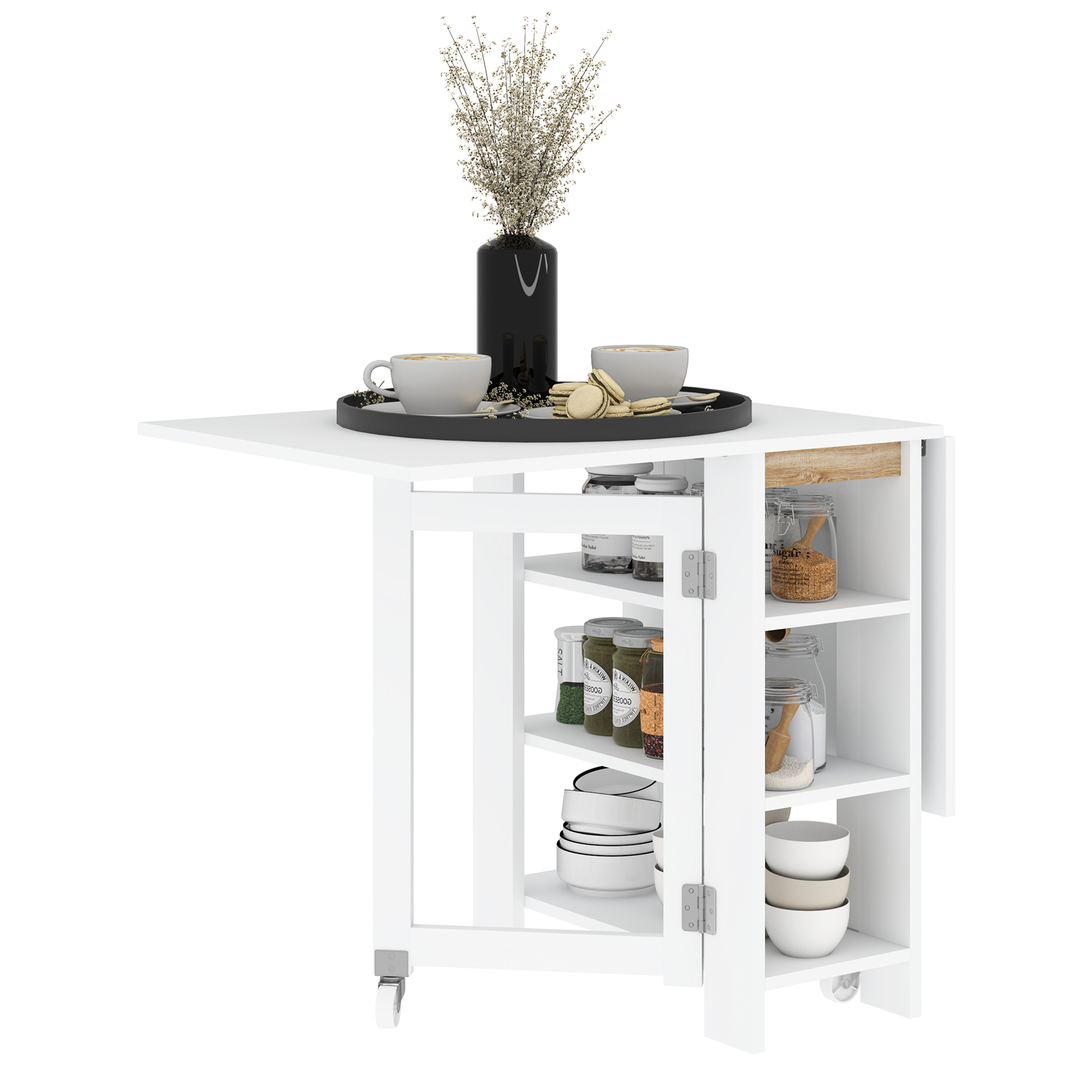 Carrello da cucina bianco con un vassoio con tazzine di caffè e pasticcini. Il carrello ha ripiani con barattoli e ciotole.