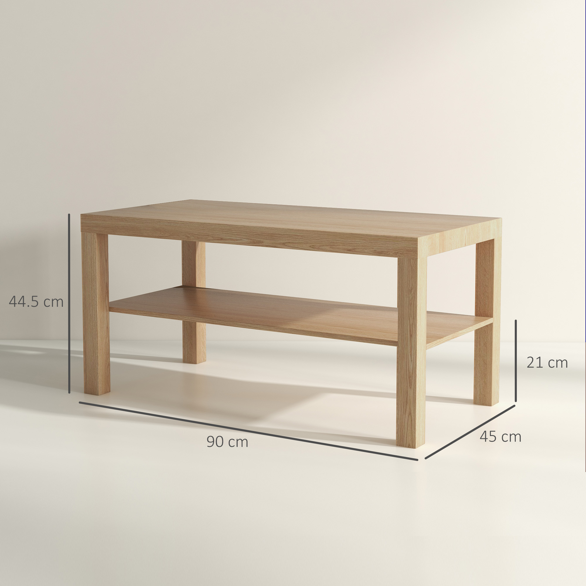 Un tavolino in legno con un ripiano inferiore è in mostra. Le dimensioni indicate sono: 90 cm di lunghezza, 45 cm di larghezza e 44,5 cm di altezza.