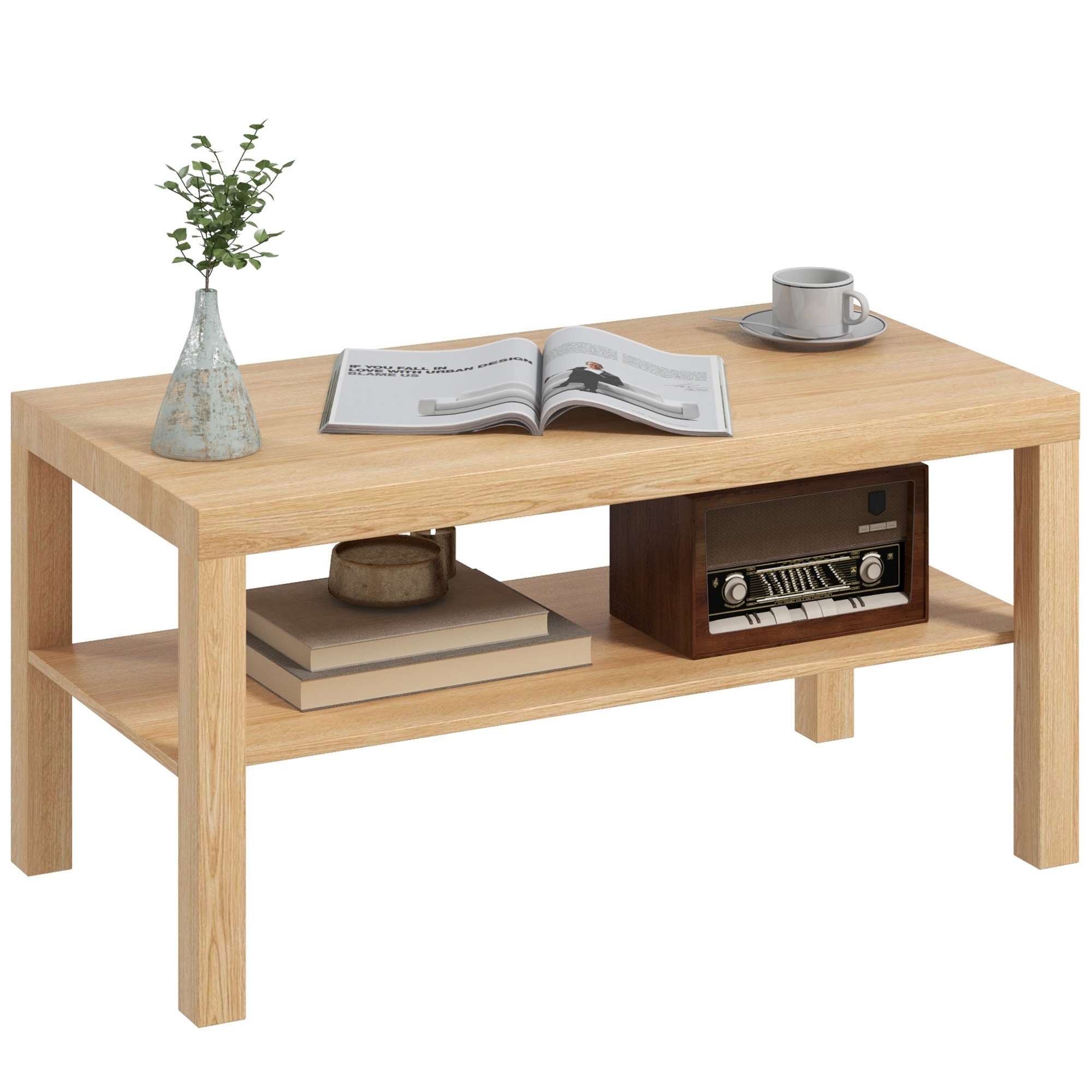 Tavolino in legno con libro aperto, tazza, vaso con verde e radio vintage.
