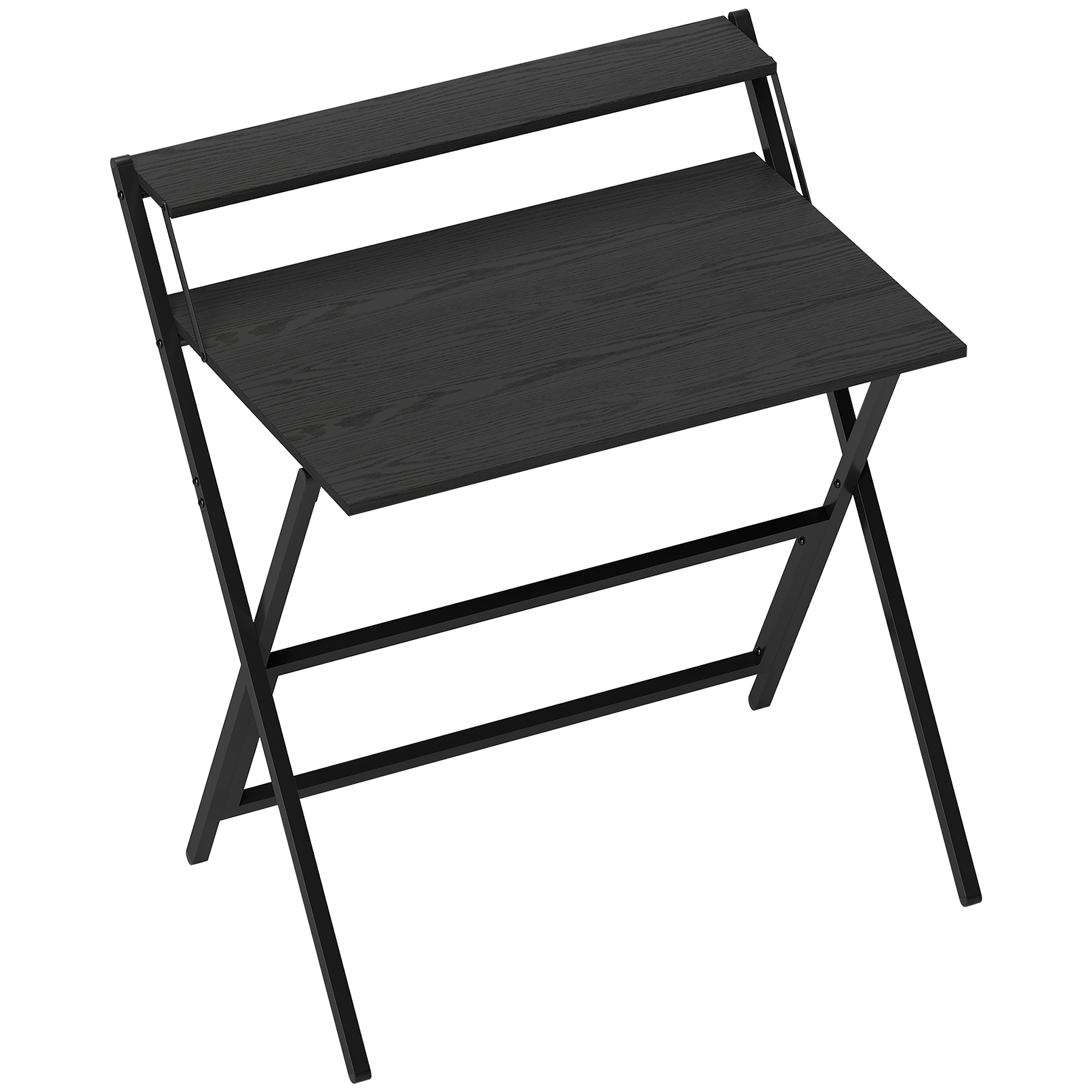 Scrivania pieghevole in legno nero con ripiano su sfondo bianco. La scrivania ha un piano rettangolare e gambe in metallo.