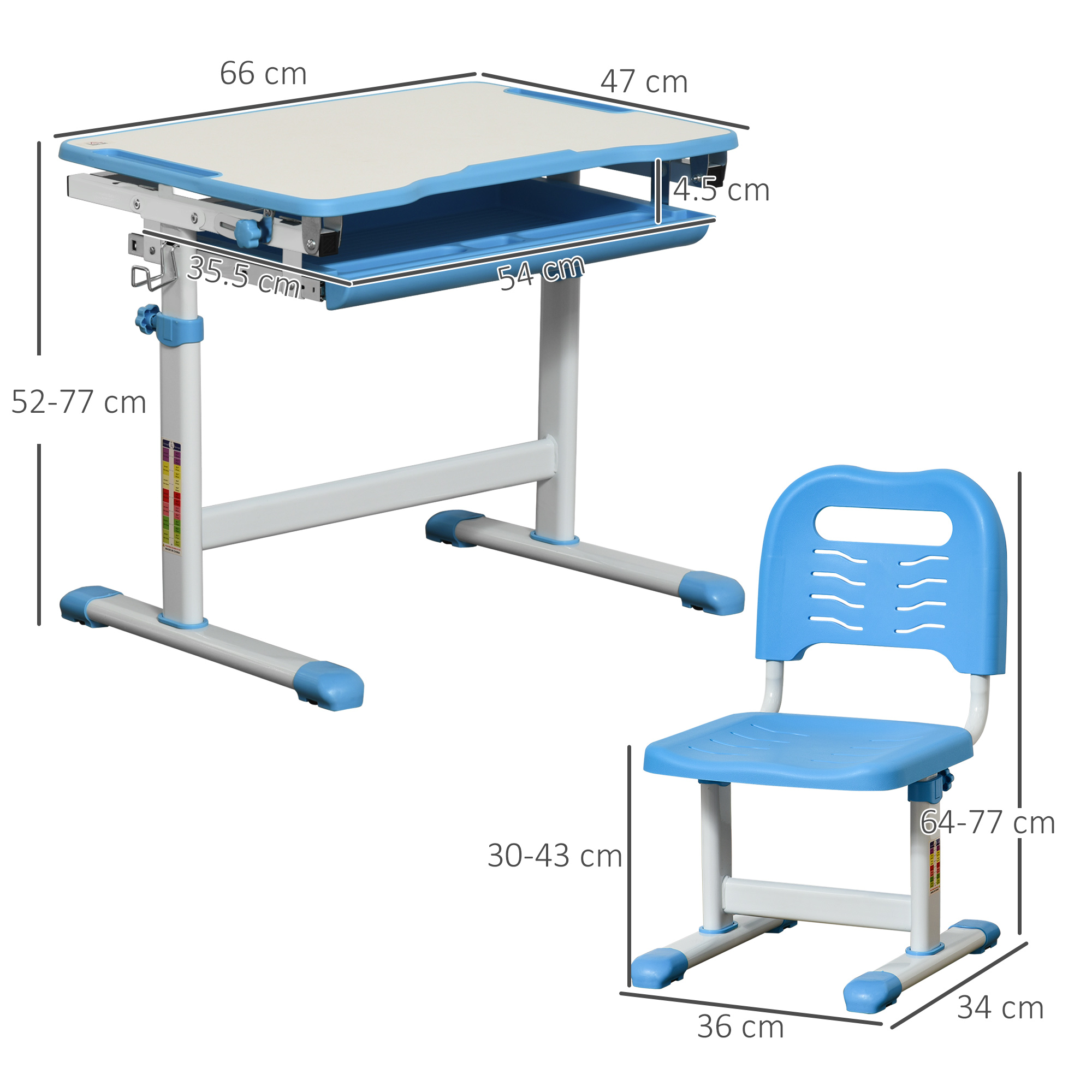 Un set scrivania e sedia per bambini regolabile blu e bianco, con dimensioni in centimetri.