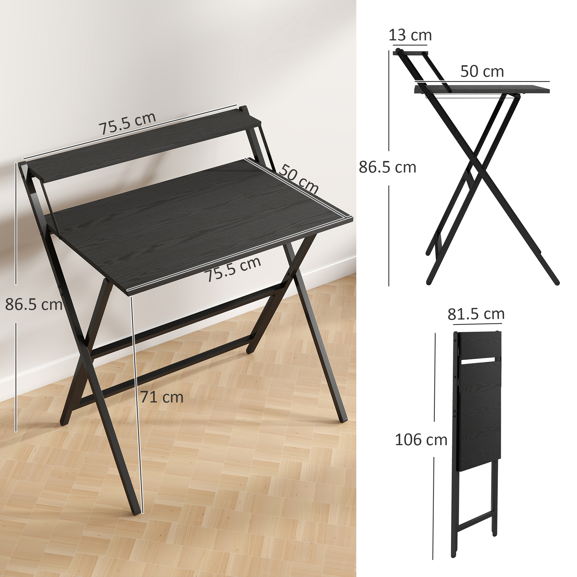Viene mostrata una scrivania pieghevole nera. Ha un piano in legno e gambe nere. Sono indicate anche le dimensioni.