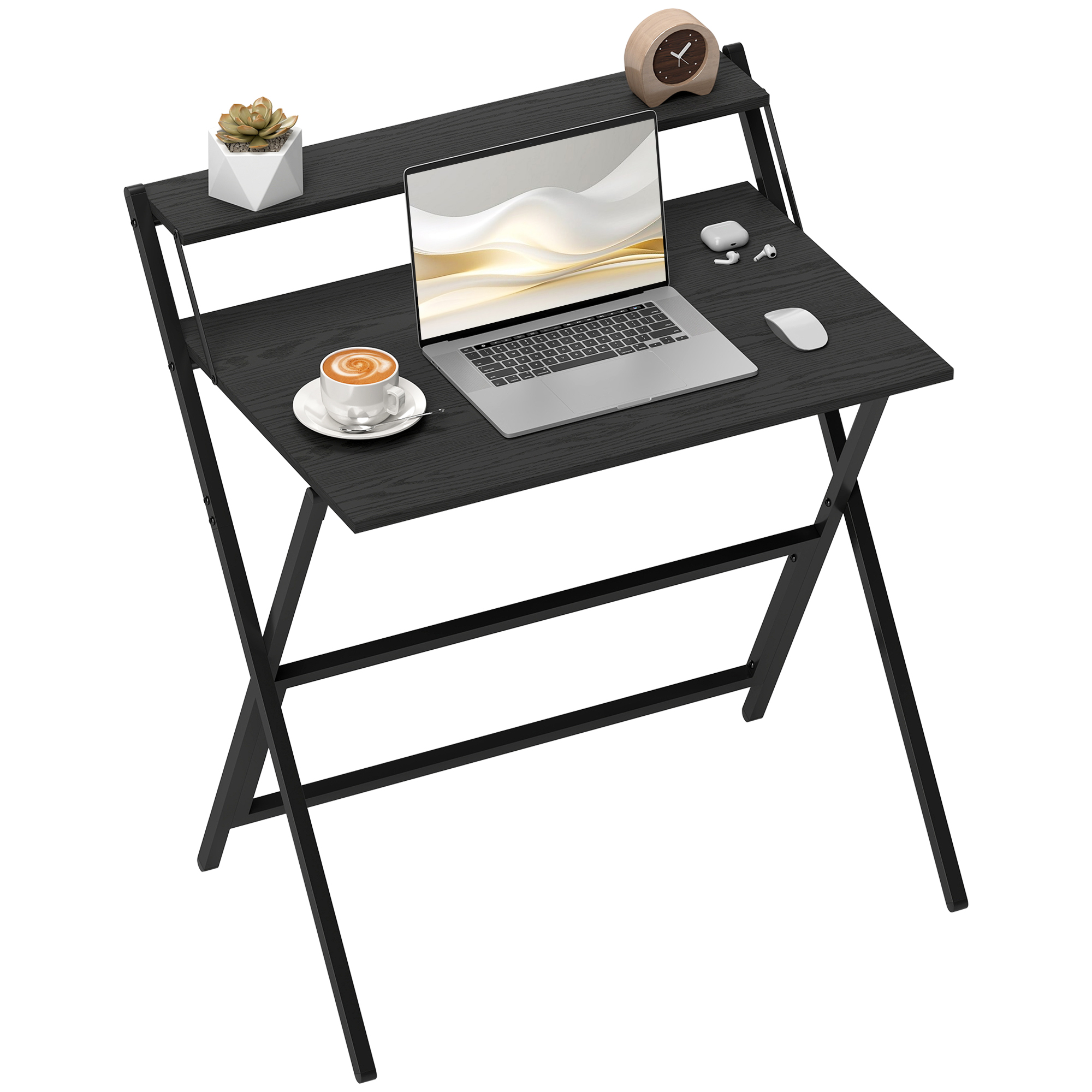 Scrivania pieghevole nera con laptop, caffè, orologio e accessori. C'è una pianta grassa sopra.