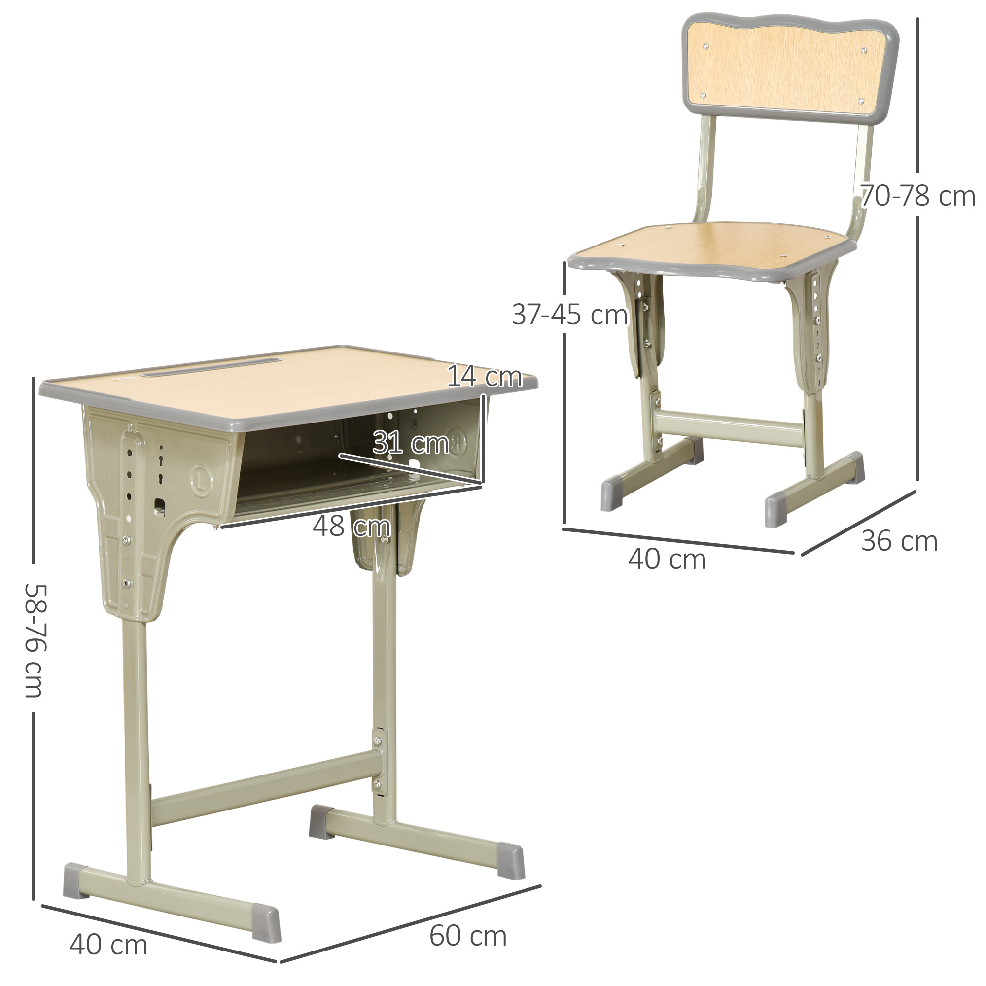 Un set di scrivania e sedia scolastica. La scrivania ha un vano portaoggetti. La sedia ha uno schienale. Entrambi sono marrone chiaro e grigio.