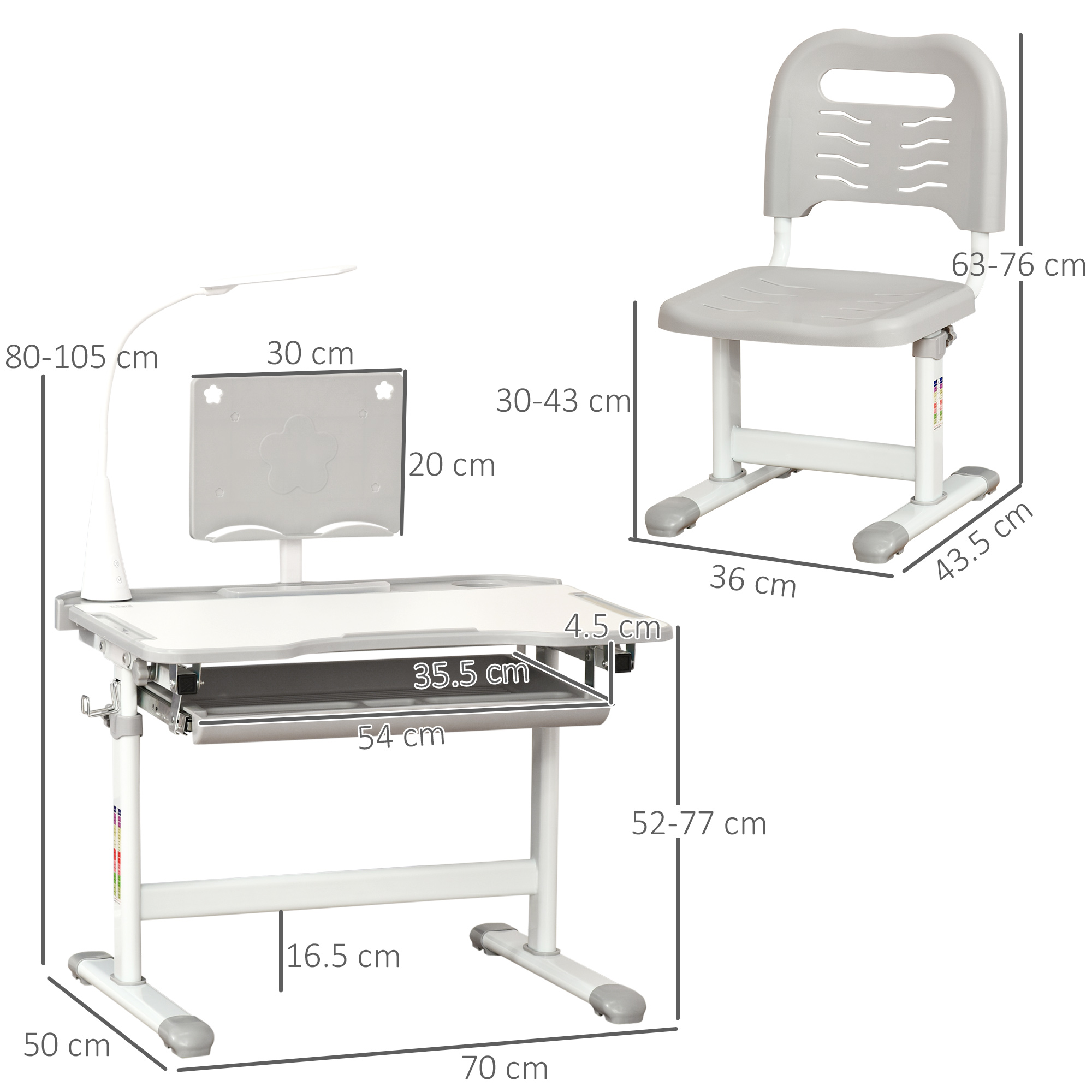 Un set scrivania e sedia per bambini regolabile grigio. La scrivania ha una lampada, un supporto per monitor e un cassetto.