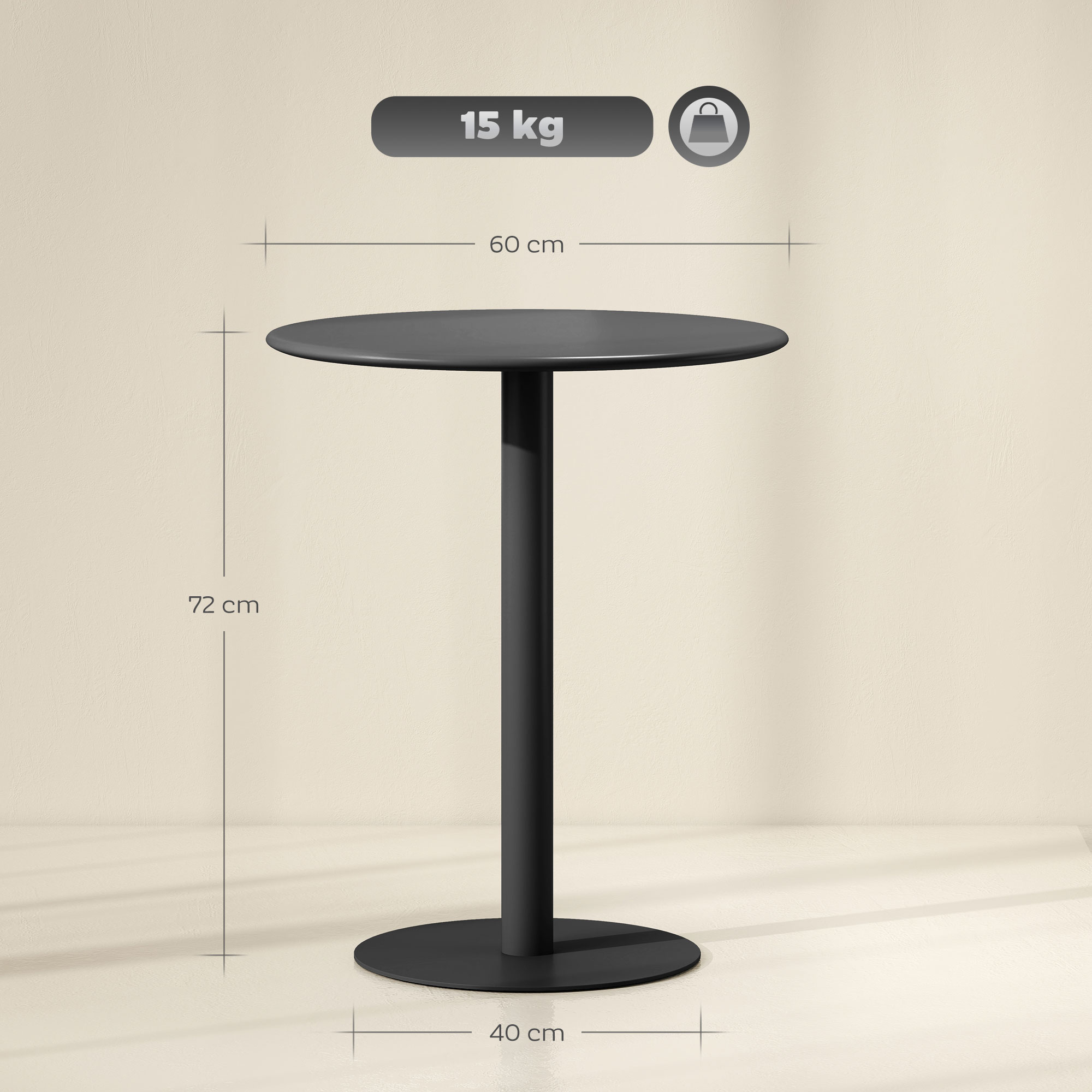Un tavolo rotondo nero con colonna centrale, alto 72 cm e base di 40 cm. La parte superiore è larga 60 cm. Pesa 15 kg.