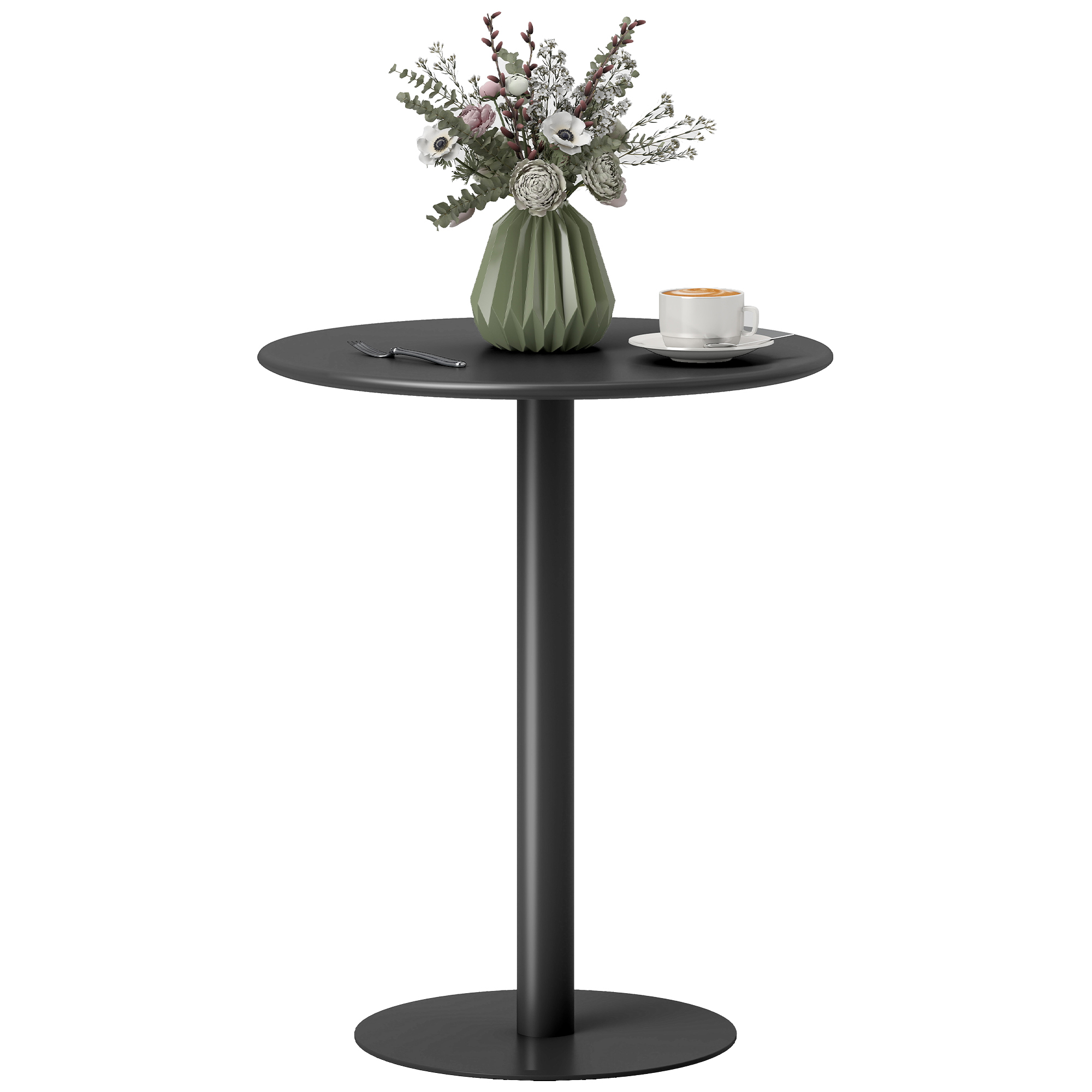 Un tavolo nero con un vaso di fiori, una tazza di caffè e un cucchiaio. Il tavolo ha un piano rotondo e una sola gamba.