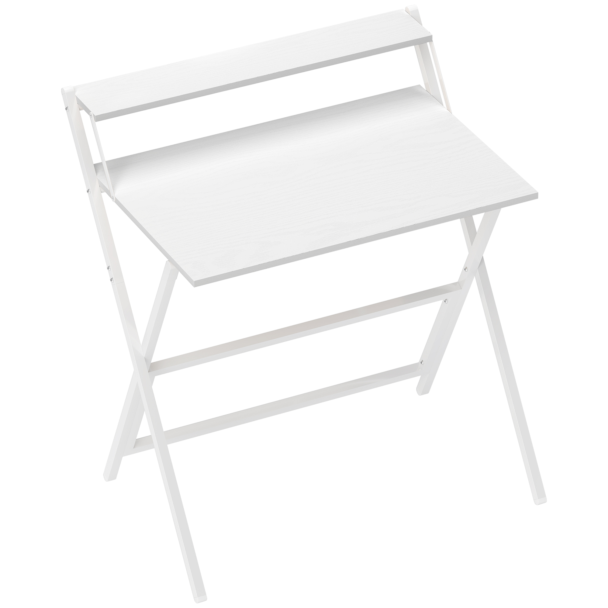 Una scrivania bianca pieghevole con un ripiano superiore. Ha un design semplice ed è su sfondo bianco.