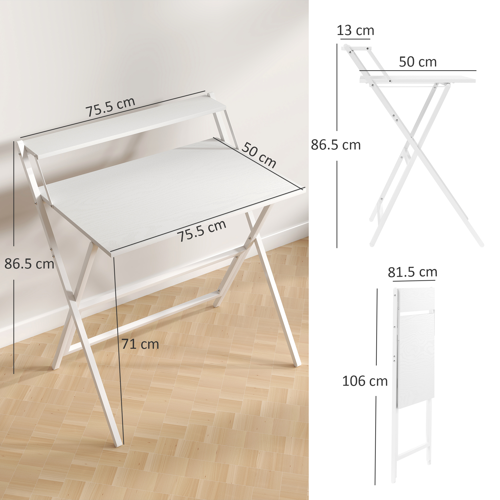 Una scrivania pieghevole bianca con misure. Dispone di un ripiano superiore, scrivania principale e gambe. Dimensioni in centimetri.