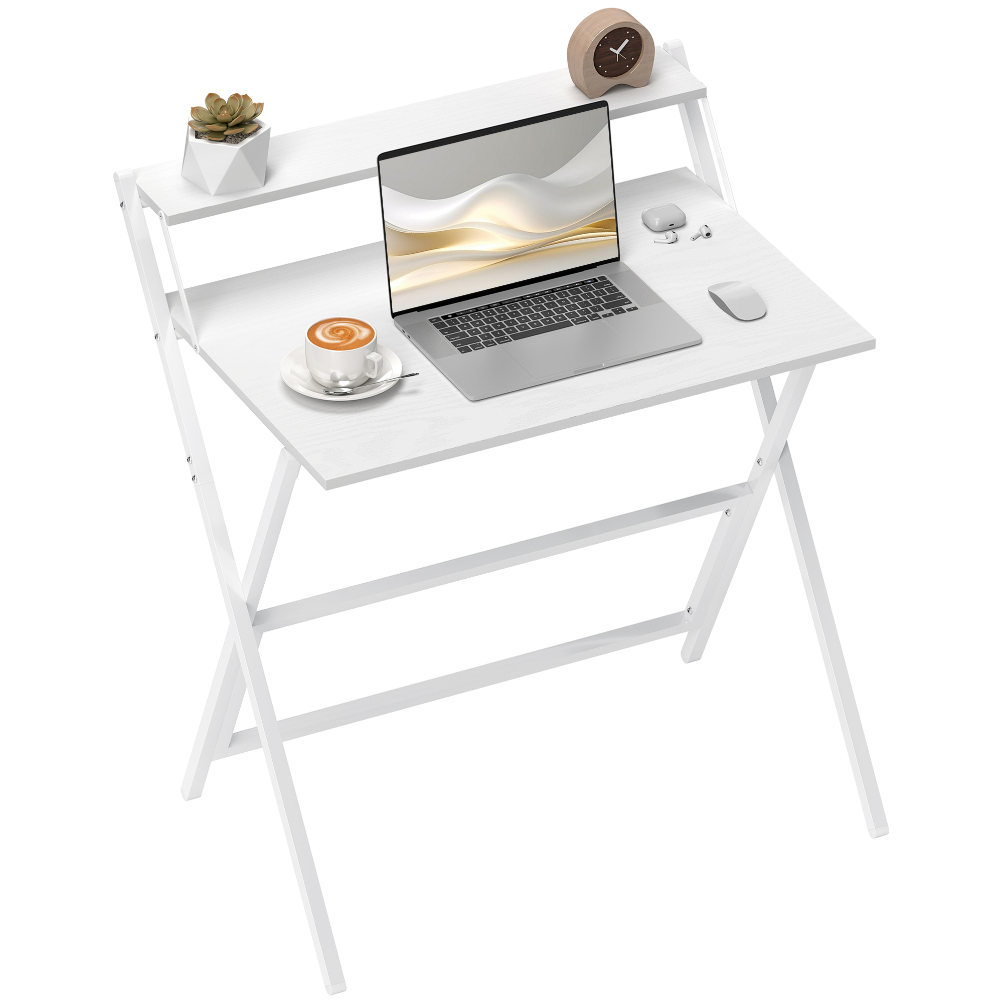 Scrivania pieghevole bianca con laptop, caffè, succulenta, orologio e accessori. Sfondo bianco.