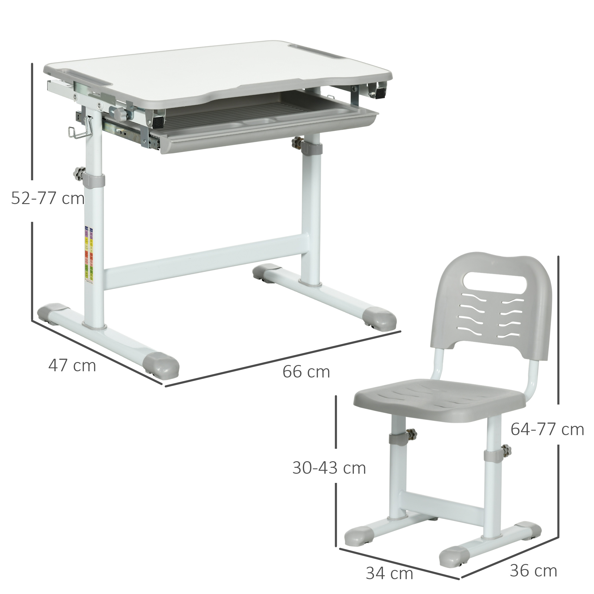 Un set scrivania e sedia regolabili bianco e grigio. La scrivania ha un vassoio estraibile e la sedia uno schienale.
