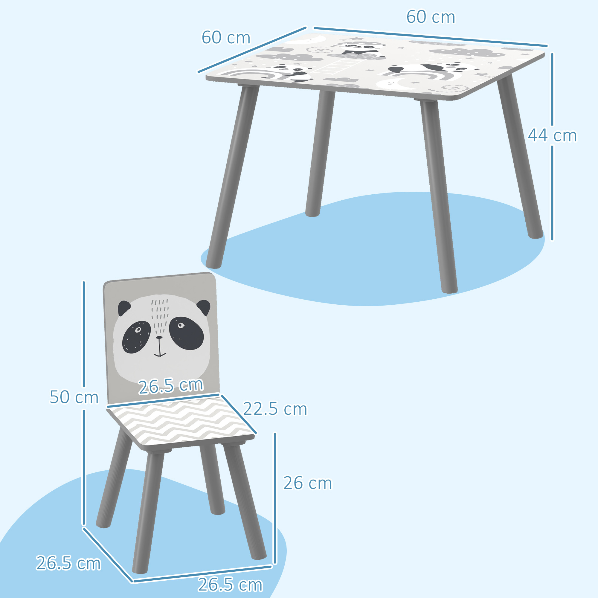Un set di tavolo e sedia per bambini. Il tavolo ha un design a panda e la sedia presenta una faccia da panda. Gambe grigie.