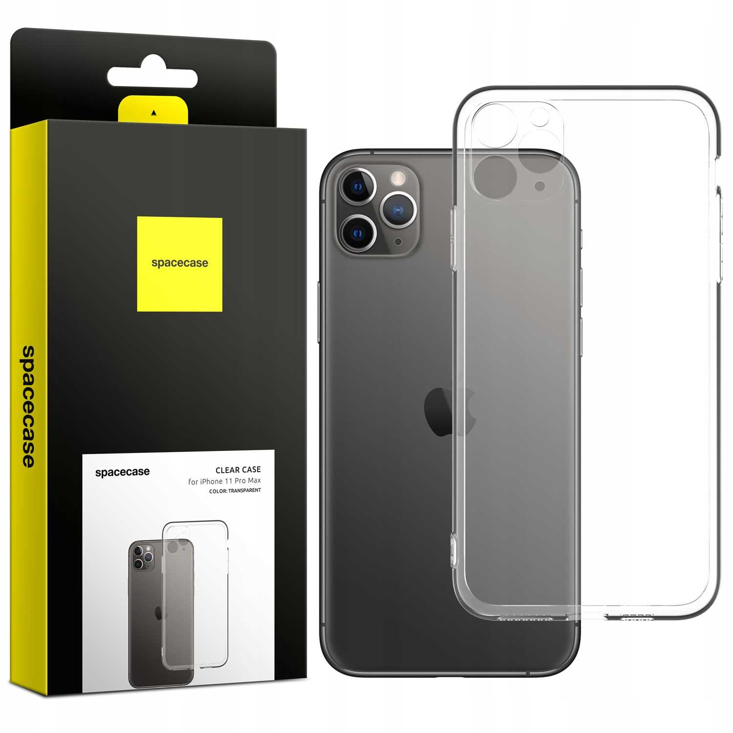 Przezroczyste etui na iPhone 11 Pro Max i telefon obok opakowania produktu. Opakowanie jest czarne z żółtymi akcentami.