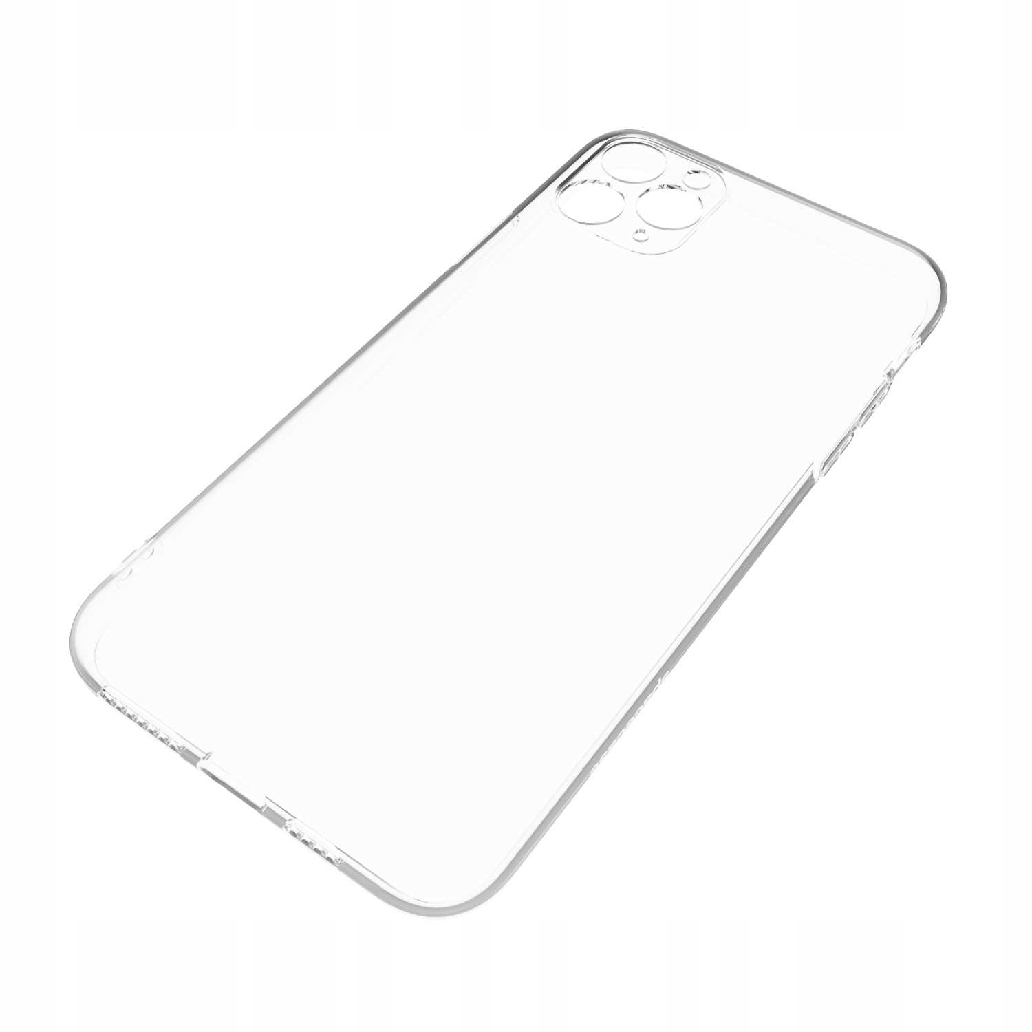 Przezroczyste etui na telefon, lekko pod kątem, na białym tle. Etui ma wycięcia na aparat i kształty przycisków.