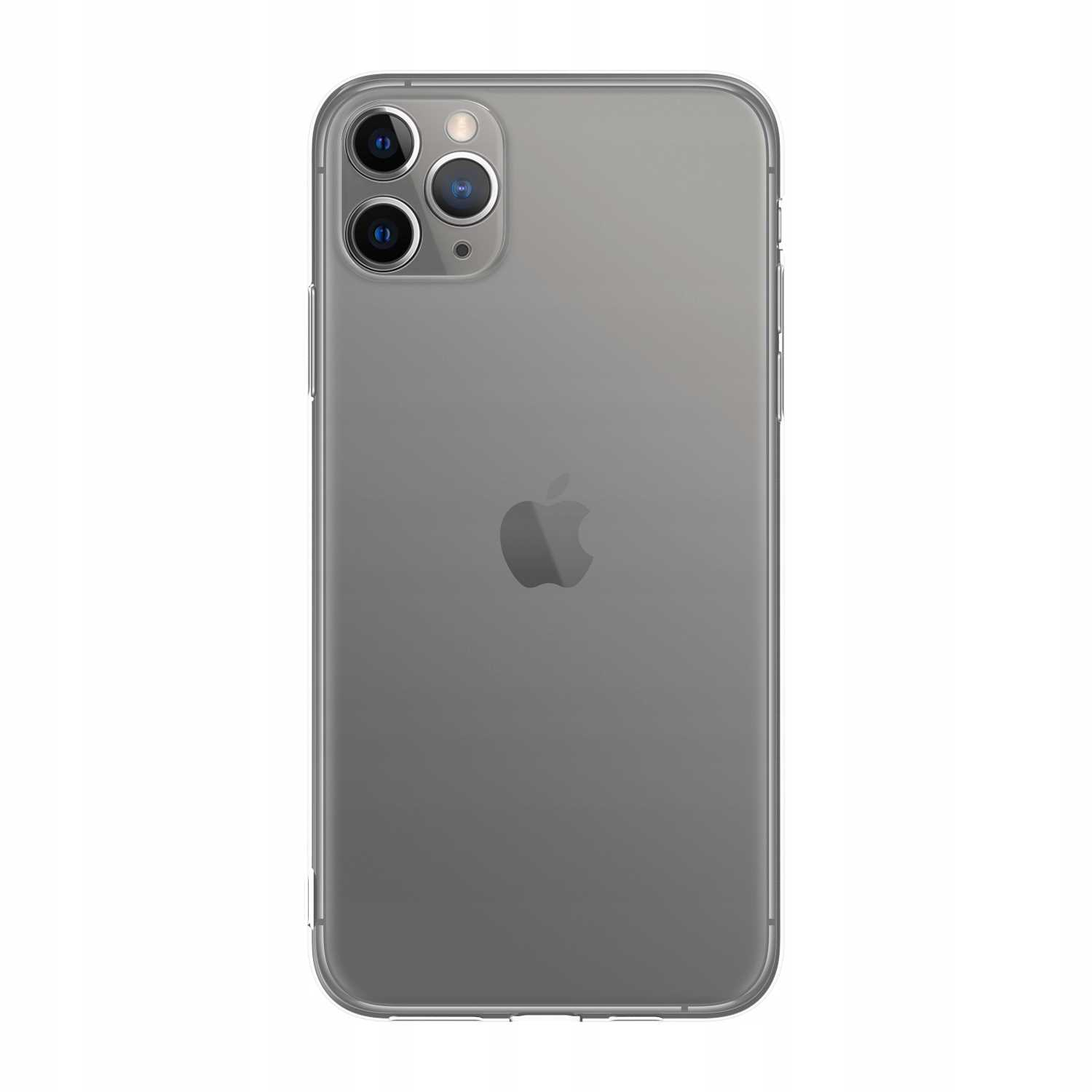 Szary iPhone z trzema tylnymi aparatami i logo Apple. Ustawiony na białym tle.