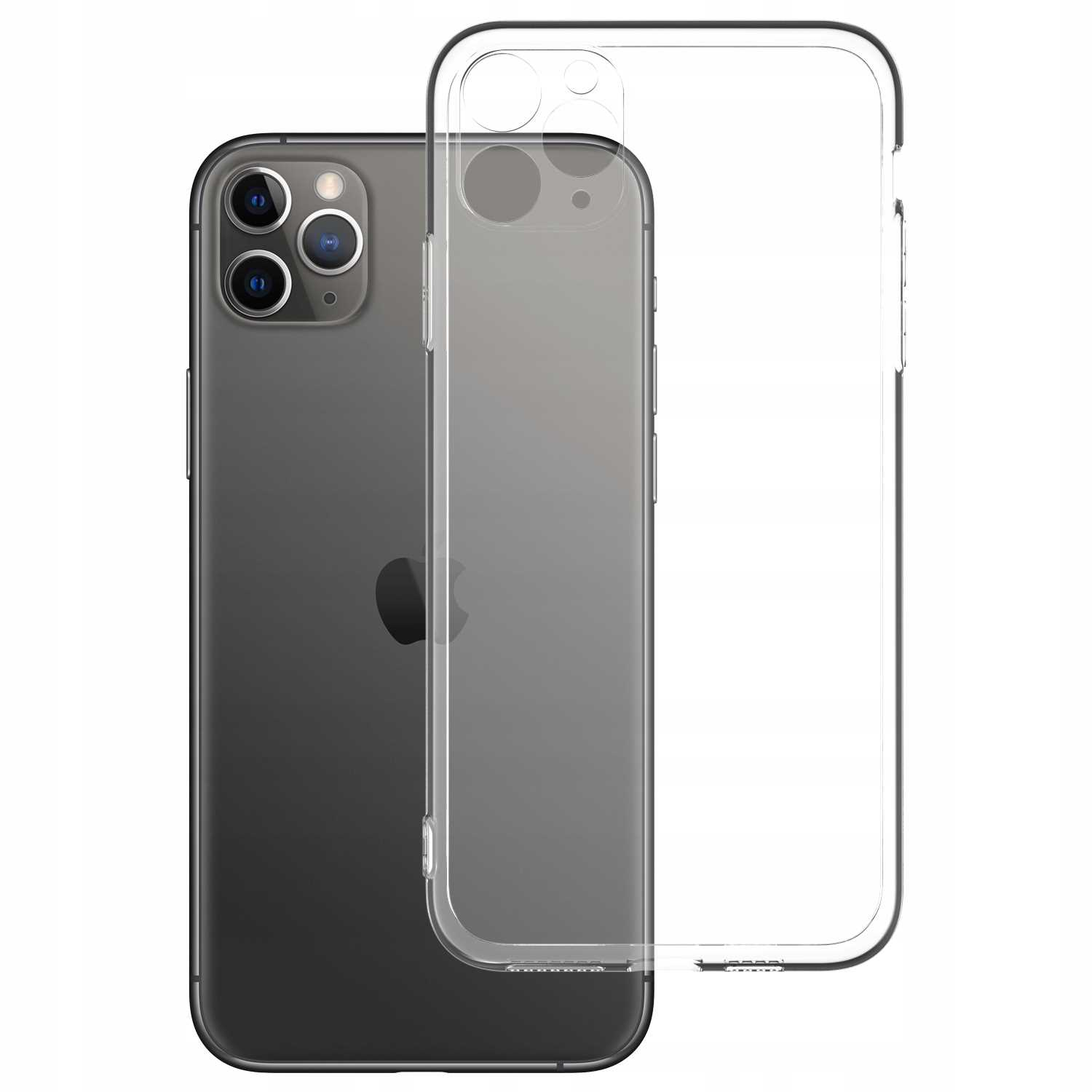 Czarny smartfon z przezroczystym etui obok. Telefon ma potrójny obiektyw. Etui jest przezroczyste.