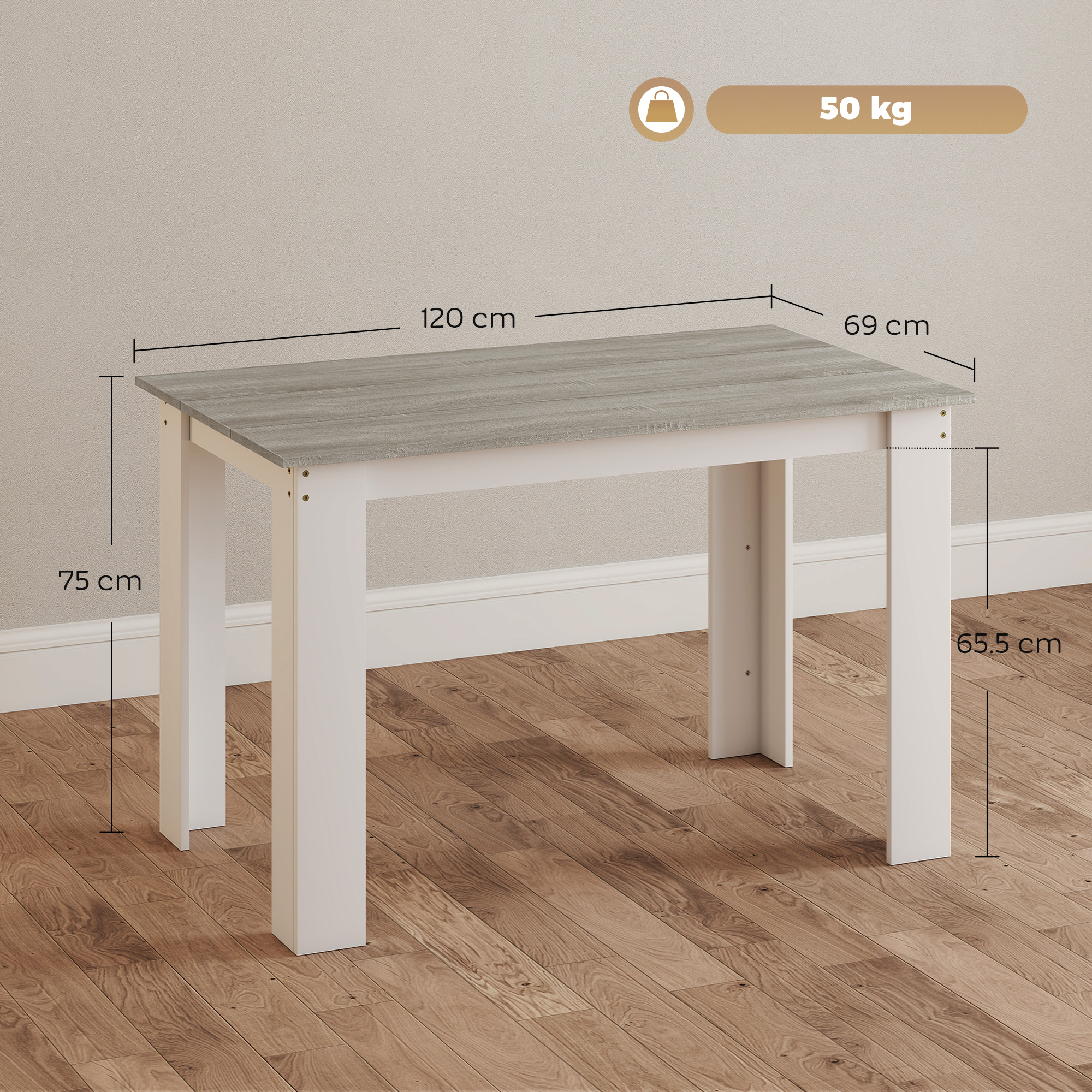 Un tavolo in legno con dimensioni etichettate. Il piano è grigio, le gambe bianche. Lo sfondo è chiaro.