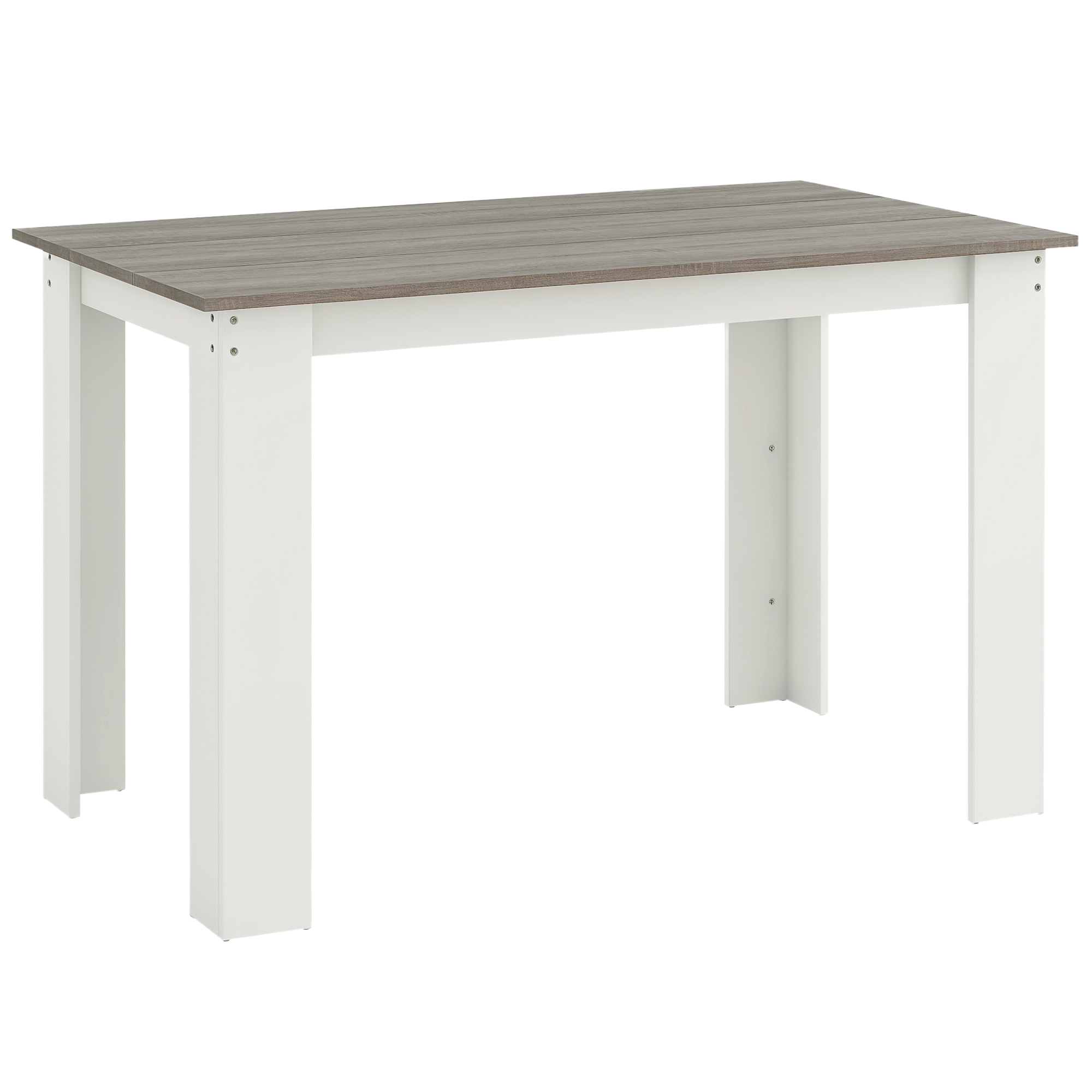 Un tavolo rettangolare con piano in legno grigio e gambe bianche. Lo sfondo è bianco.