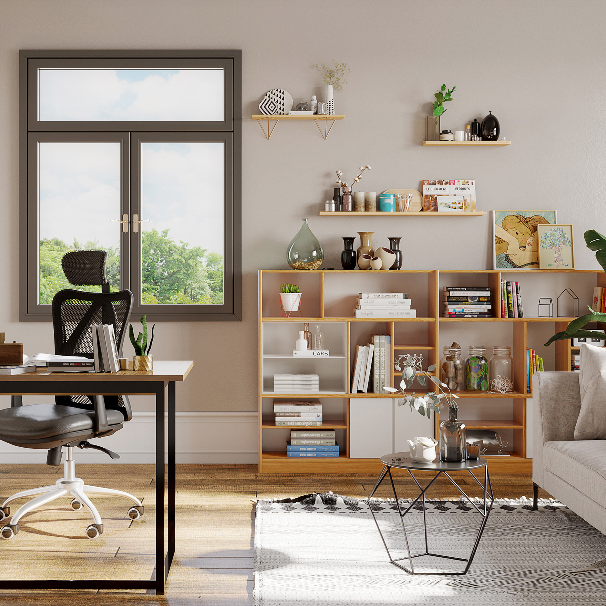 Un moderno spazio ufficio con scrivania, sedia e librerie. Una finestra mostra una vista sugli alberi. C'è un divano e un tavolino.