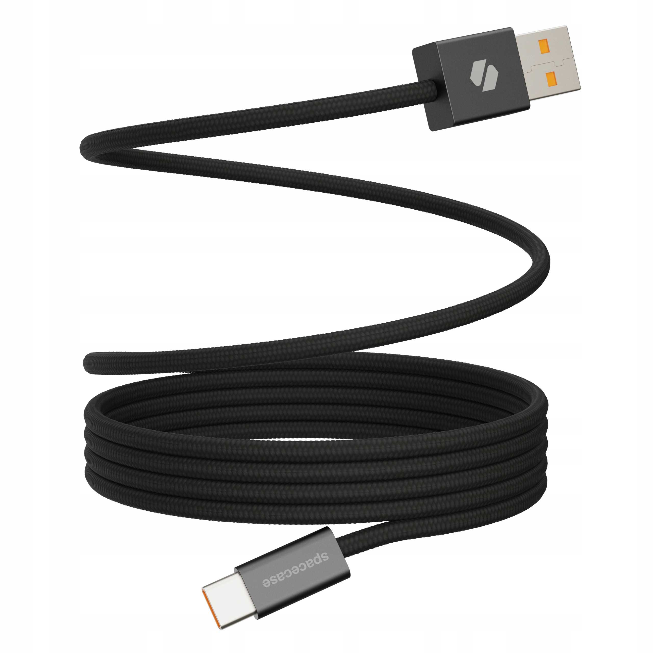 Czarny kabel USB-C z czarnym złączem USB-A na białym tle. Kabel jest zwinięty na dole.