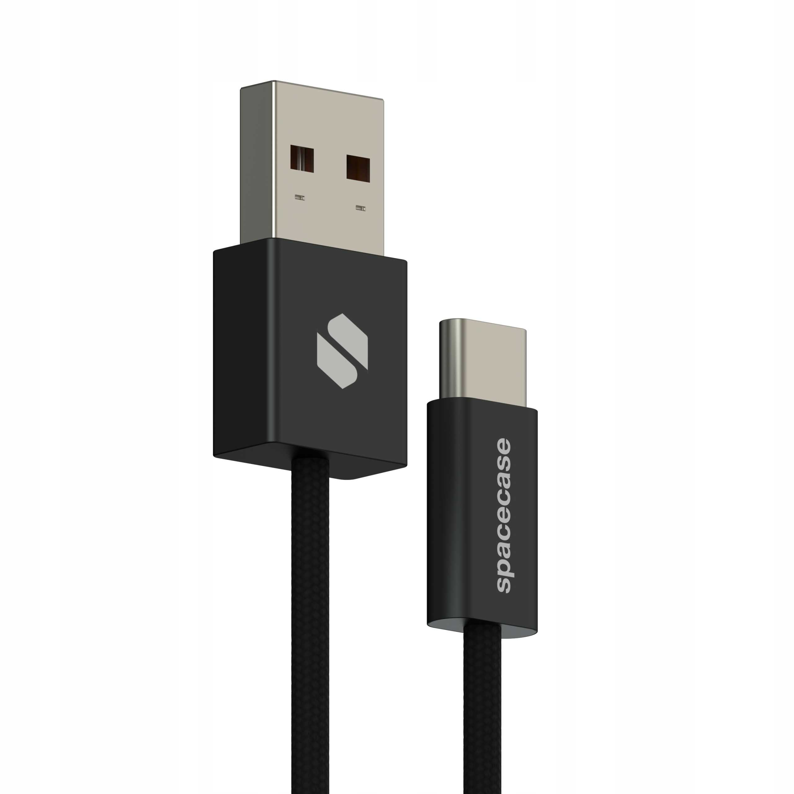 Czarny kabel USB-C ze złączem USB-A, czarny blok złącza z logo i napisem 'spacecase' na złączu C.