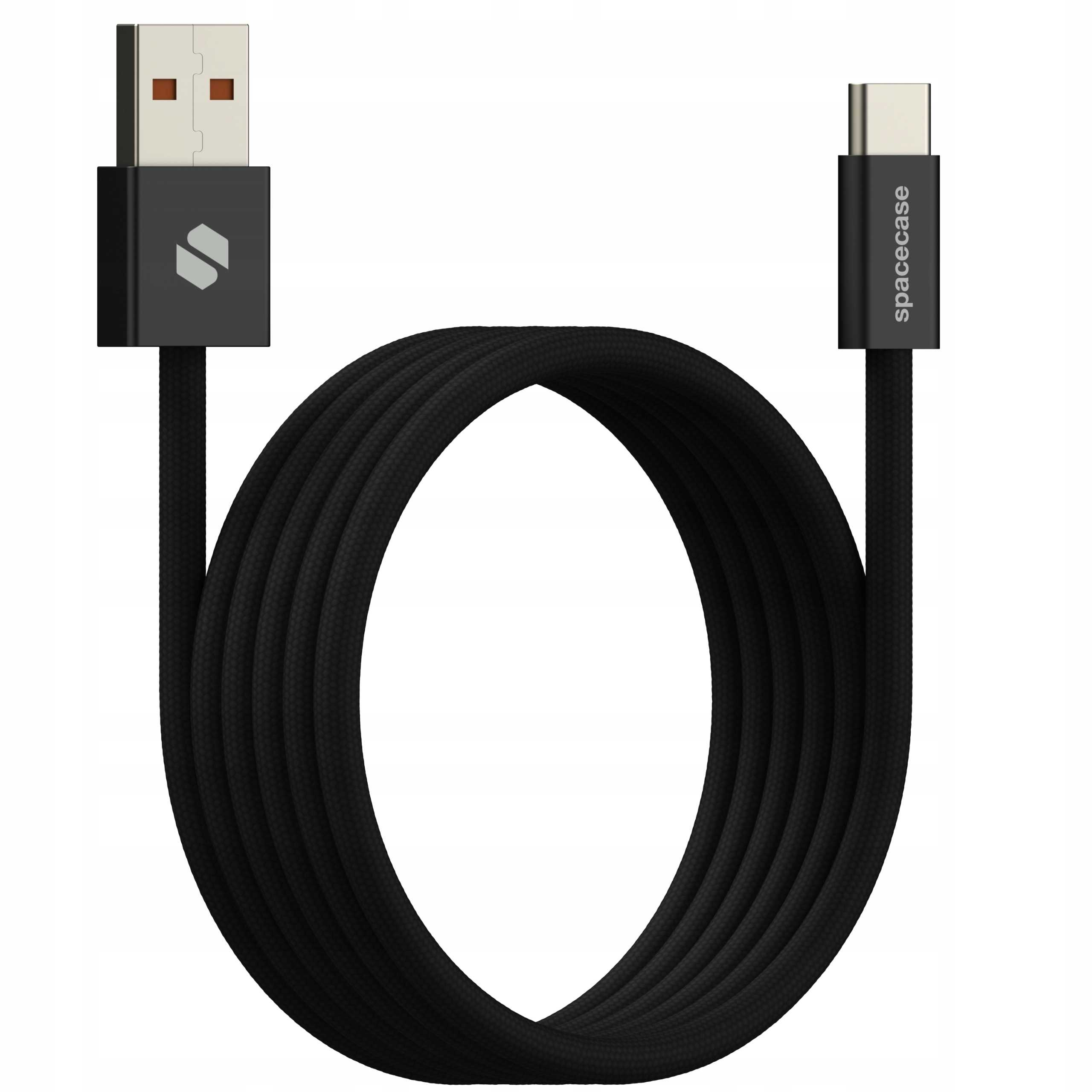 Czarny kabel ładujący USB-C. Kabel tworzy pętlę. Koniec USB-A po lewej, USB-C po prawej. Białe tło.