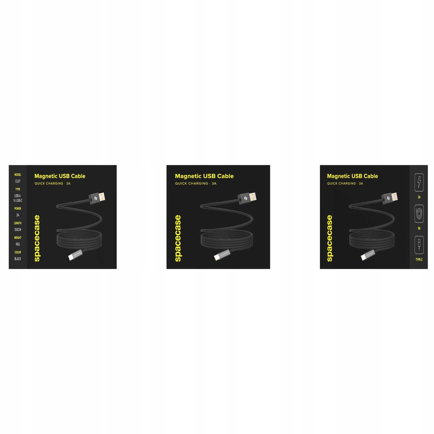 Trzy magnetyczne kable USB na białym tle. Każdy kabel jest czarny ze srebrnymi złączami. Szczegóły produktu w czarnym prostokącie.
