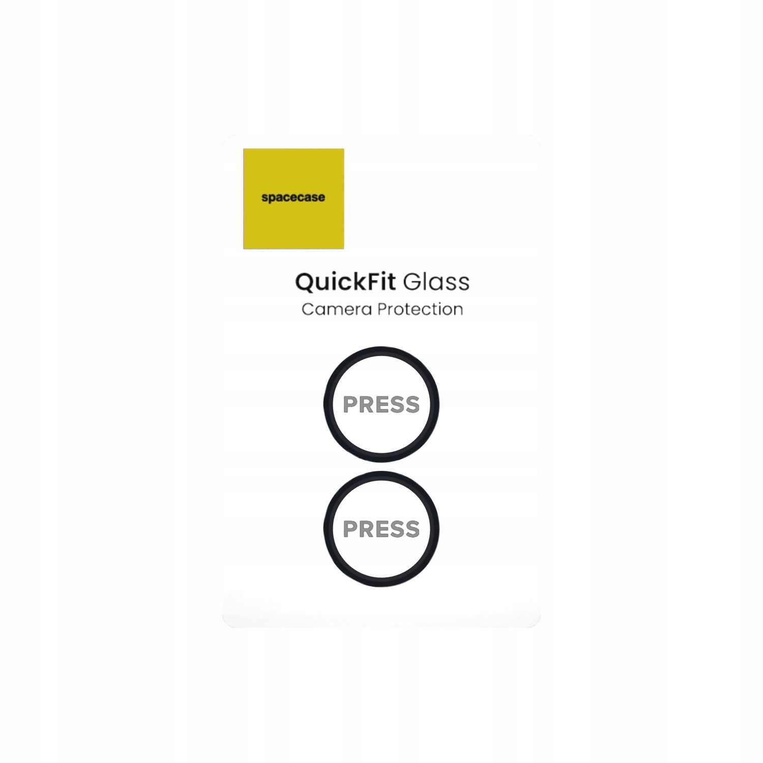 Białe tło z tekstem i grafiką. Zawiera żółty kwadrat z 'spacecase', tytuł 'QuickFit Glass' i dwa okręgi 'PRESS'.