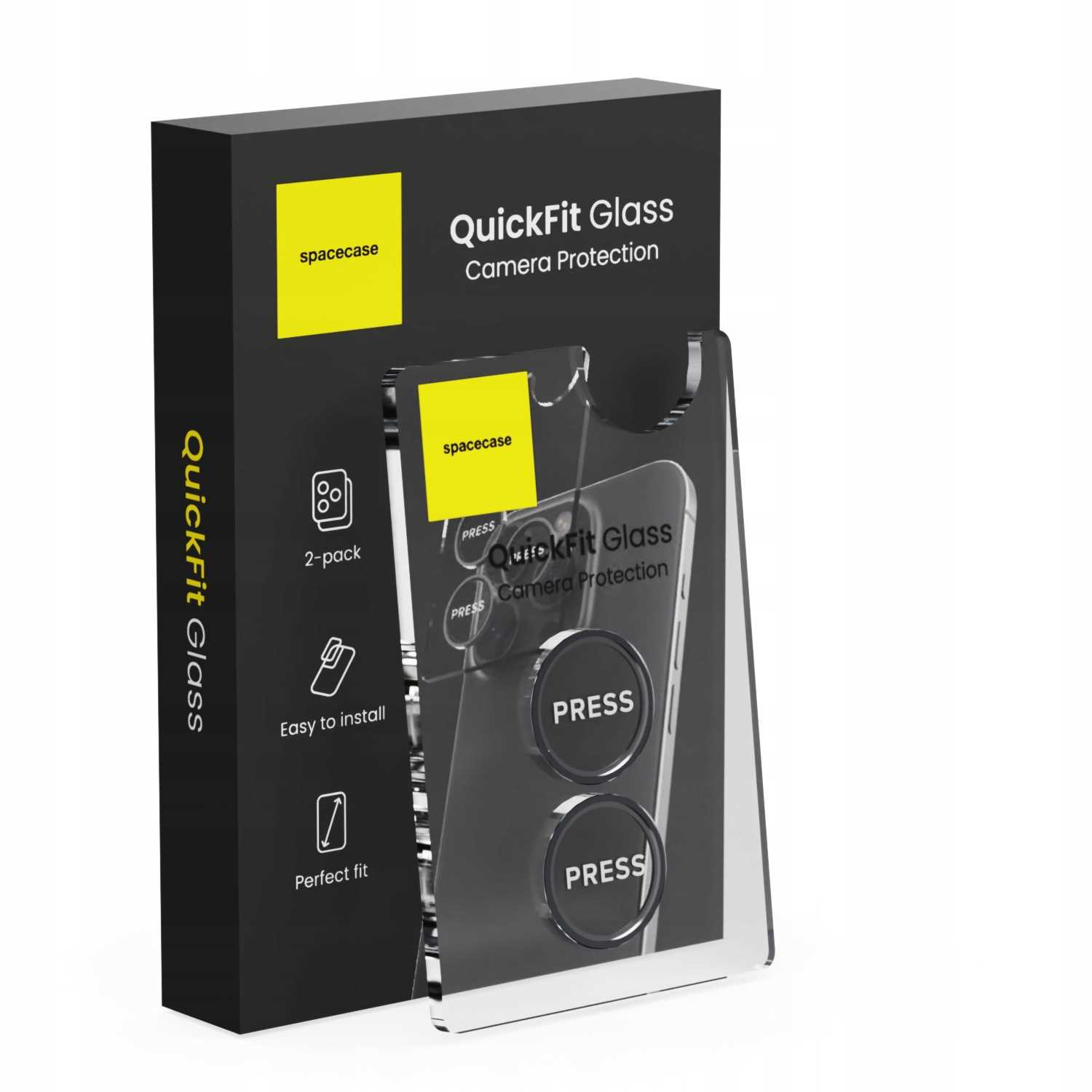 Pokazano pudełko produktu do ochrony aparatu QuickFit Glass. Pudełko jest czarne z żółtymi akcentami i przezroczystym plastikowym ochraniaczem.