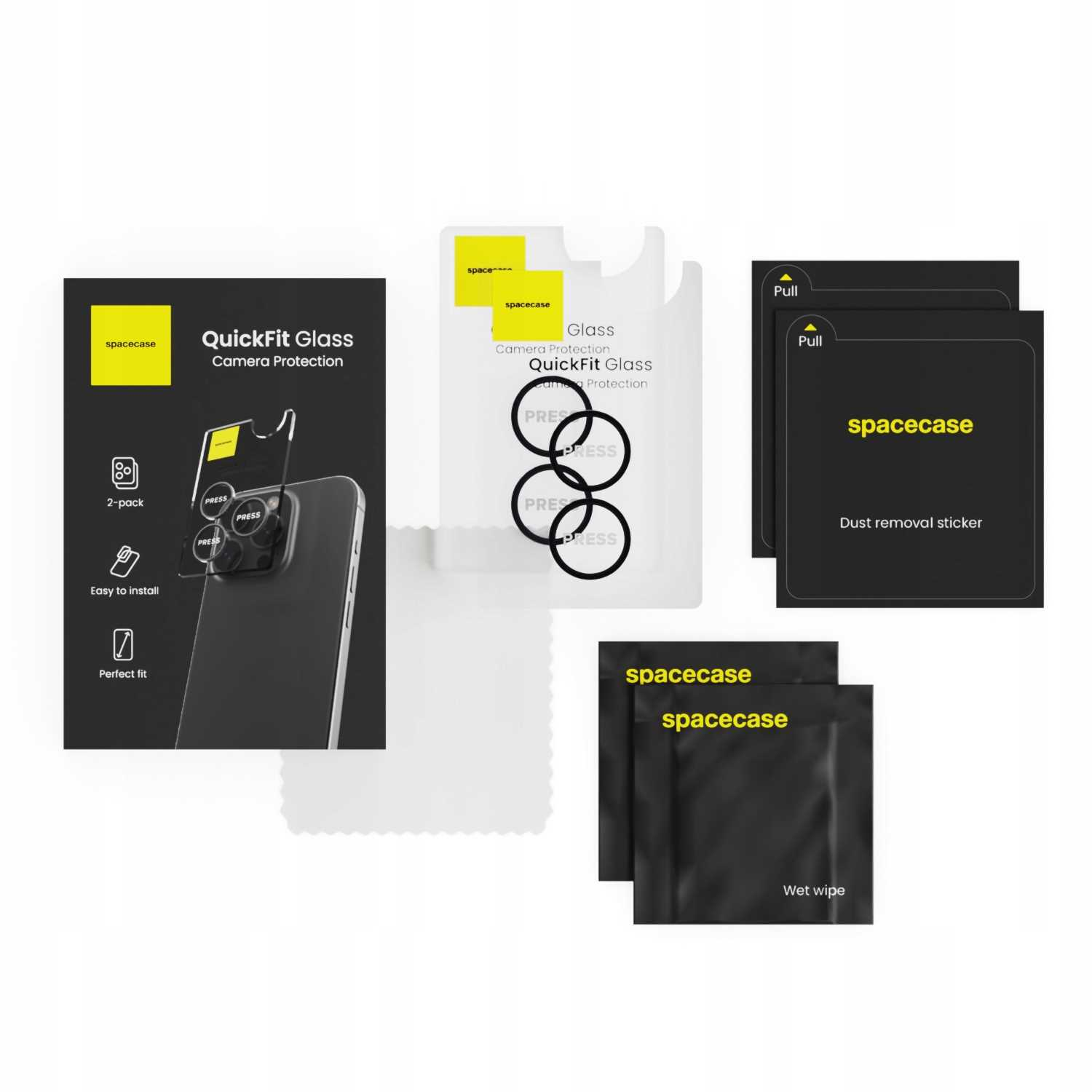 Zestaw ochraniaczy ekranu i środków czyszczących, w tym ochrona aparatu QuickFit Glass, chusteczki i naklejki do usuwania kurzu.