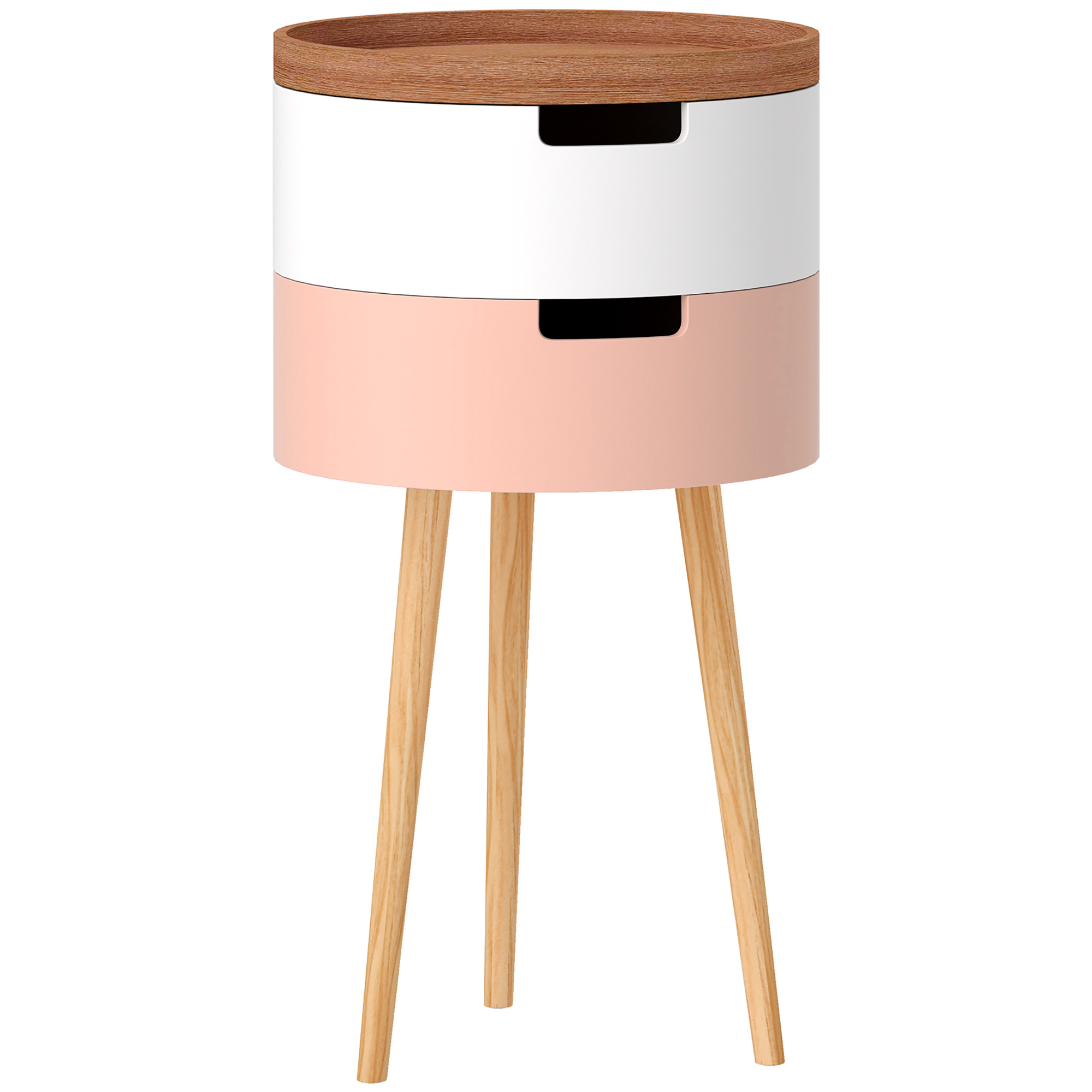 Un tavolino rotondo con piano in legno, cassetto bianco, cassetto rosa e tre gambe in legno. Isolato su bianco.