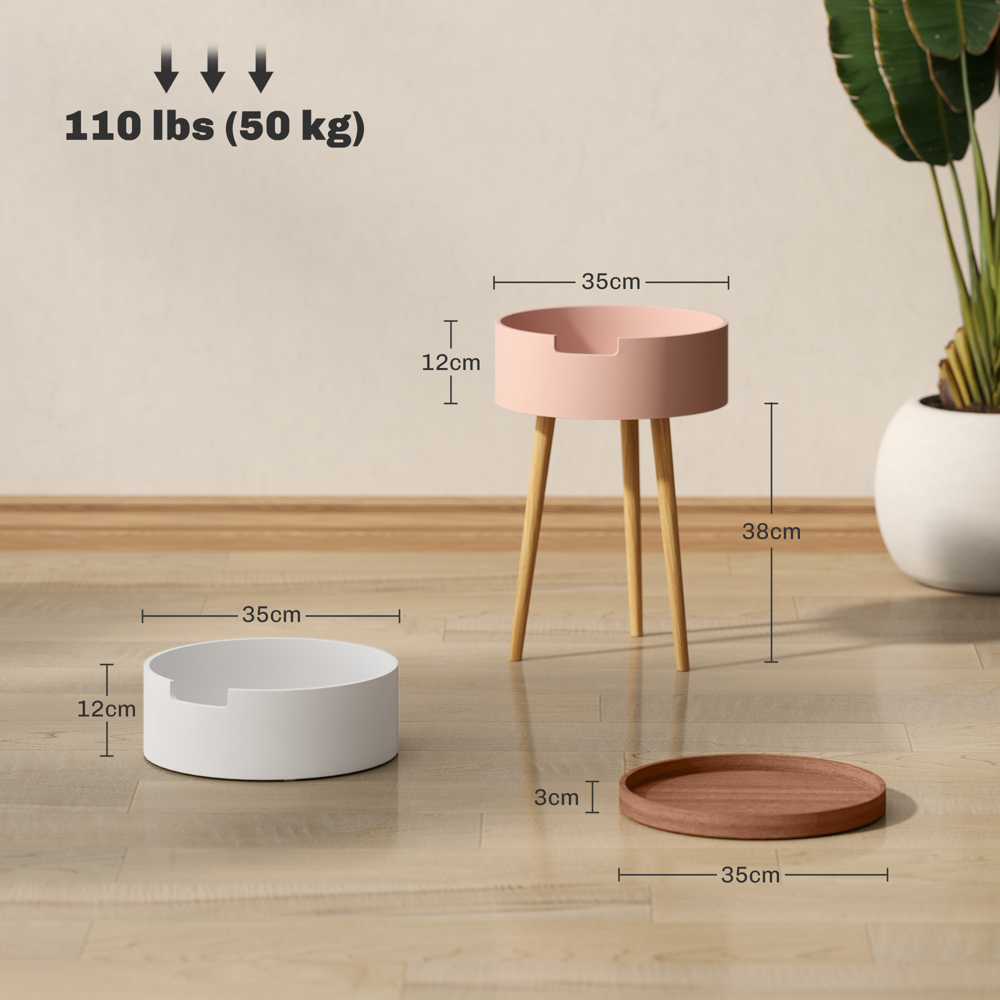 Un tavolino con piano rosa, gambe in legno e altri tre oggetti rotondi. Lo sfondo presenta una pianta in un vaso bianco.