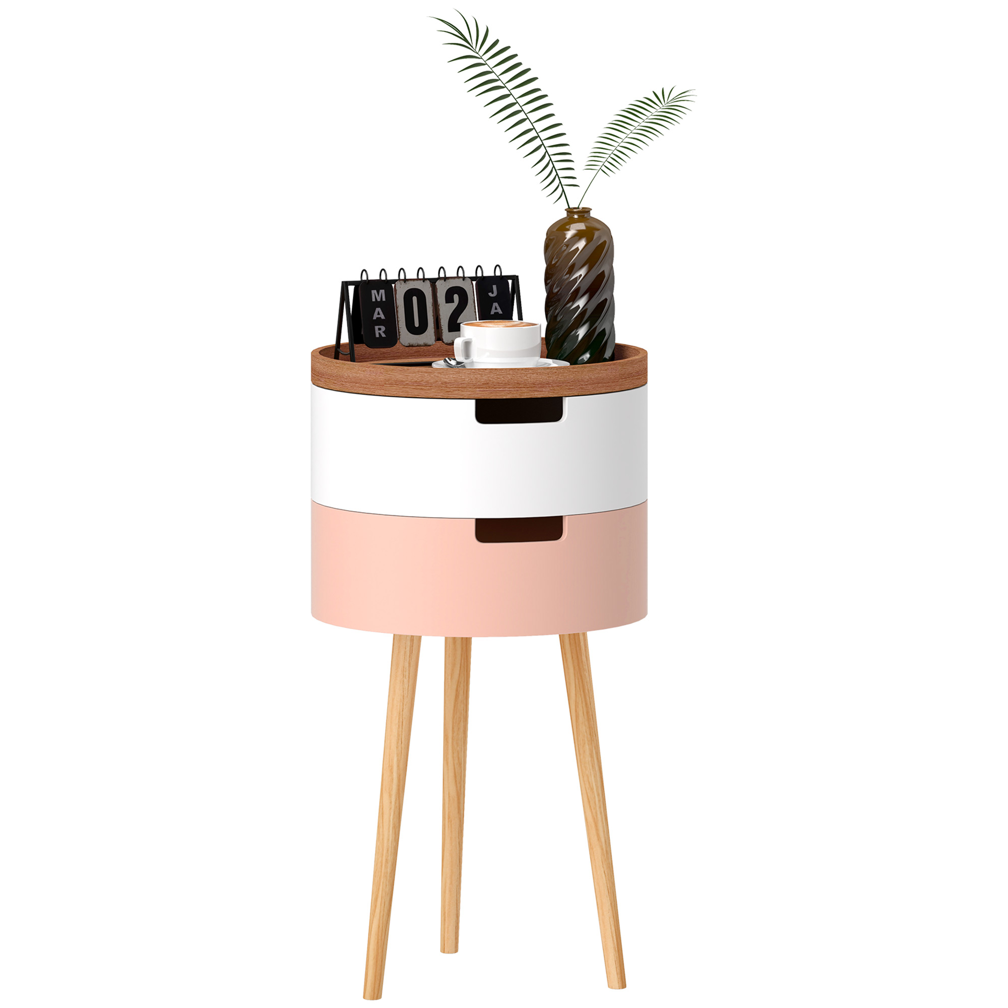Un tavolino moderno con un vaso di foglie, una tazza di caffè e un calendario. Il tavolo è bianco e rosa con gambe di legno.
