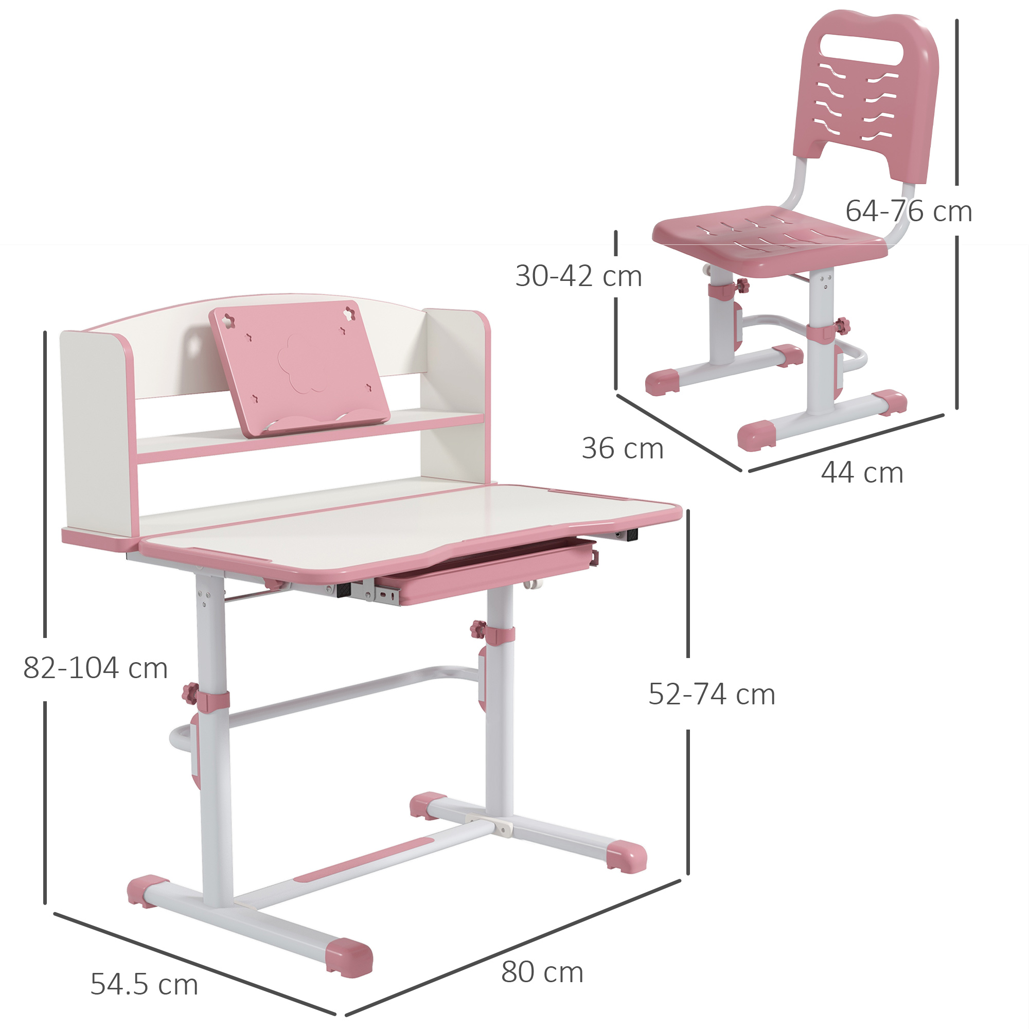 Un set scrivania e sedia regolabili per bambini rosa e bianco. Le dimensioni sono indicate nell'immagine.