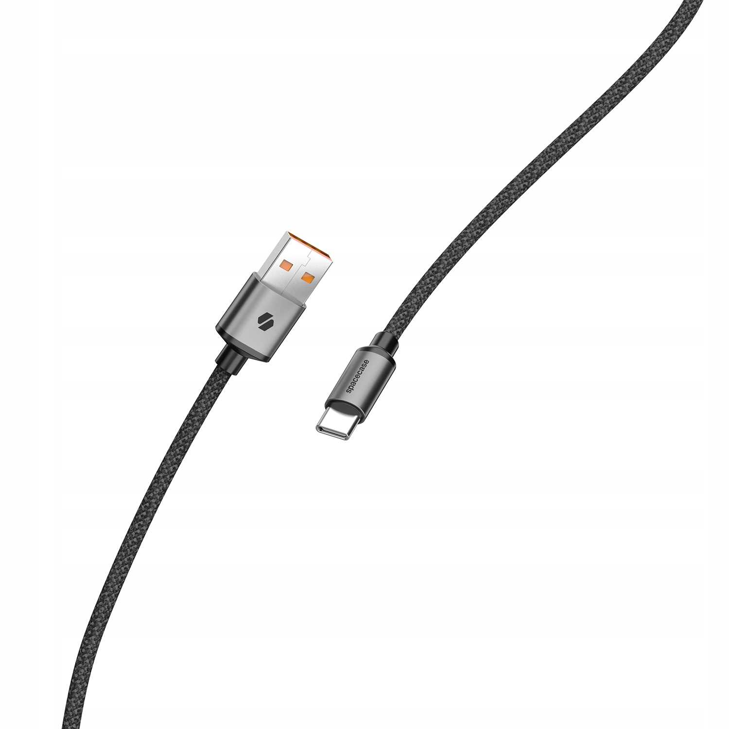Szary kabel ładujący USB. Jeden koniec to złącze USB-A, drugi to złącze USB-C. Kabel jest ciemnoszary.