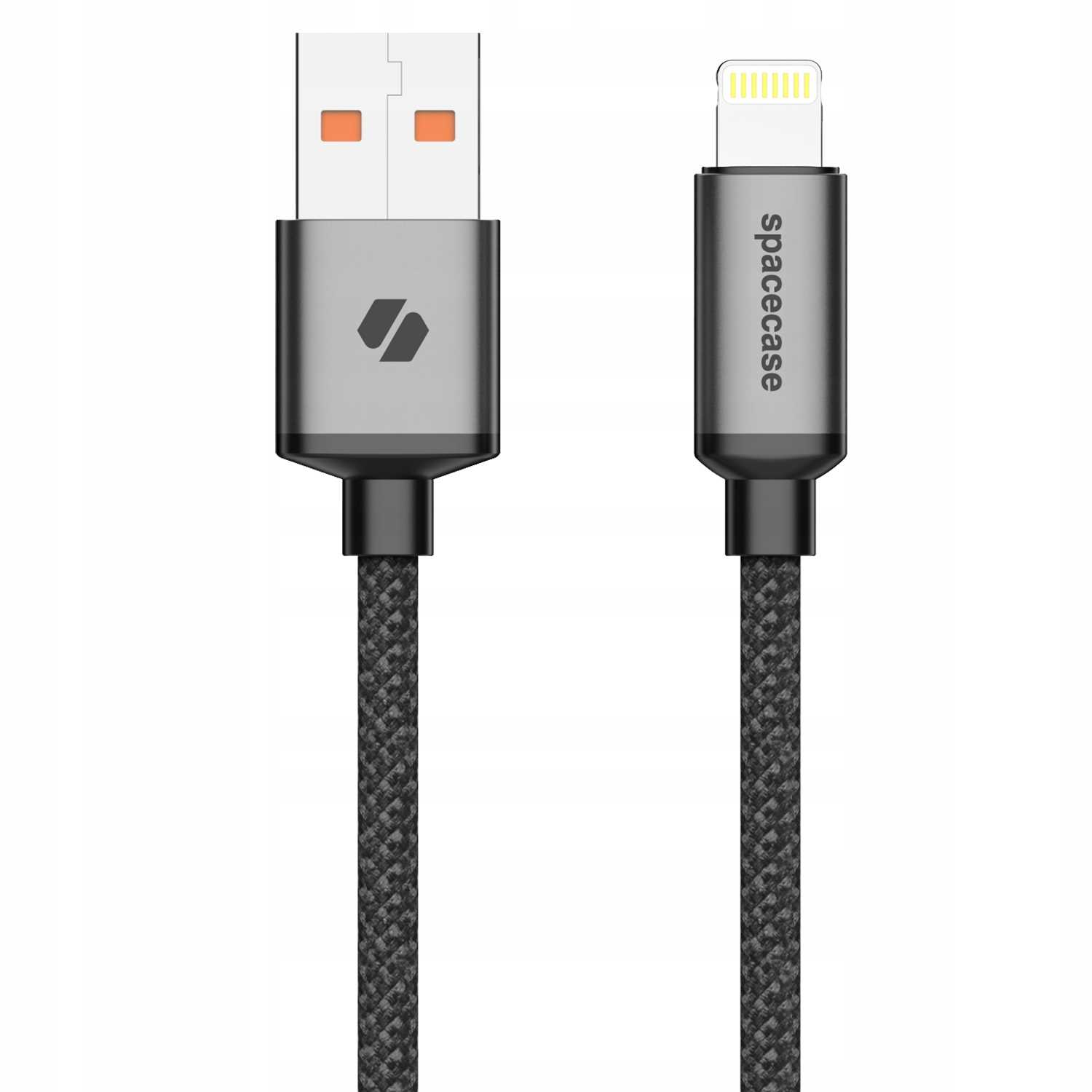 Kabel USB-A do Lightning. Końcówka USB jest srebrna z pomarańczowymi wstawkami. Końcówka Lightning jest szara z nazwą marki. Oba mają czarne plecione kable.