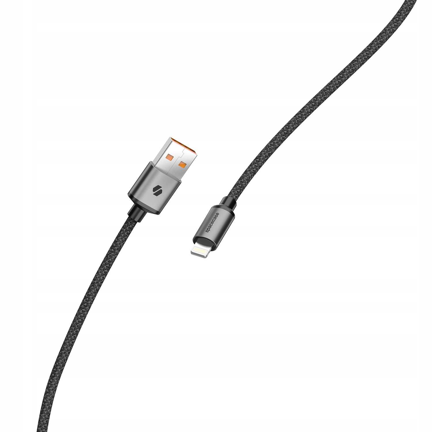 Kabel do ładowania USB z szarą wtyczką i złączem Lightning. Kabel jest czarny i pleciony.