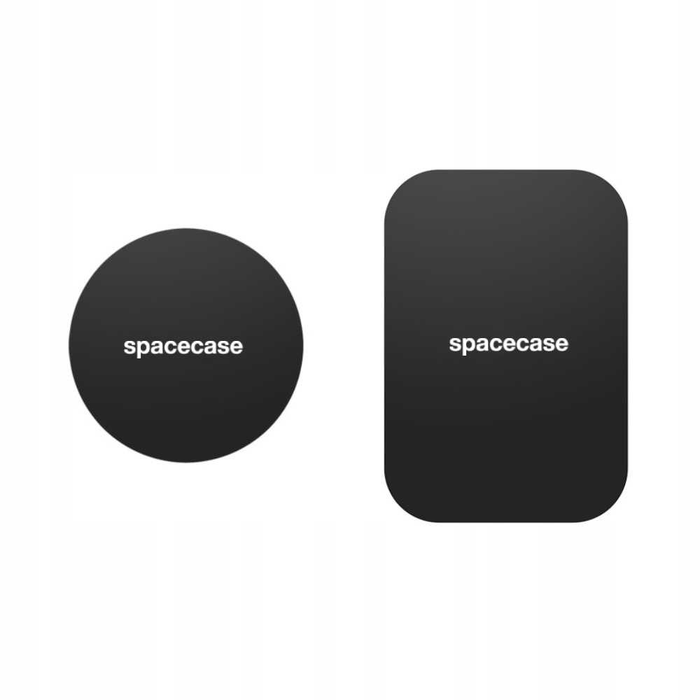 Dwa czarne produkty Spacecase: koło i zaokrąglony prostokąt, oba z białym logo Spacecase.