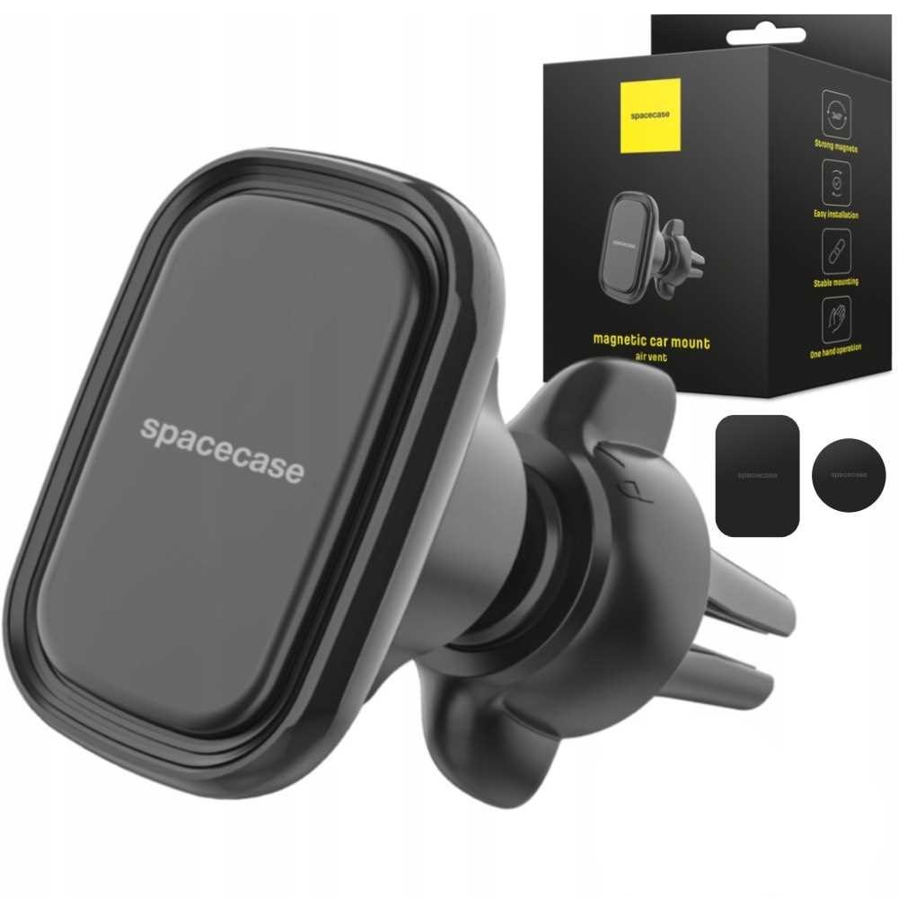 Czarny magnetyczny uchwyt samochodowy Spacecase z pudełkiem pokazującym funkcje, takie jak mocne magnesy i łatwa instalacja.
