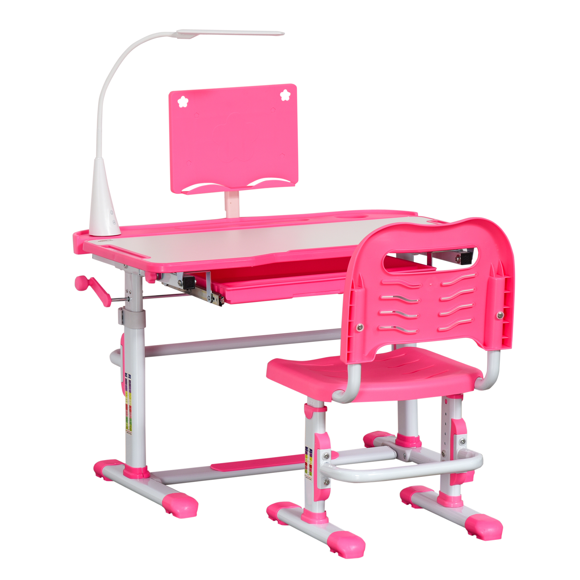 Un set scrivania e sedia rosa per bambini. È dotato di una scrivania con lampada, leggio, cassetto e sedia coordinata.