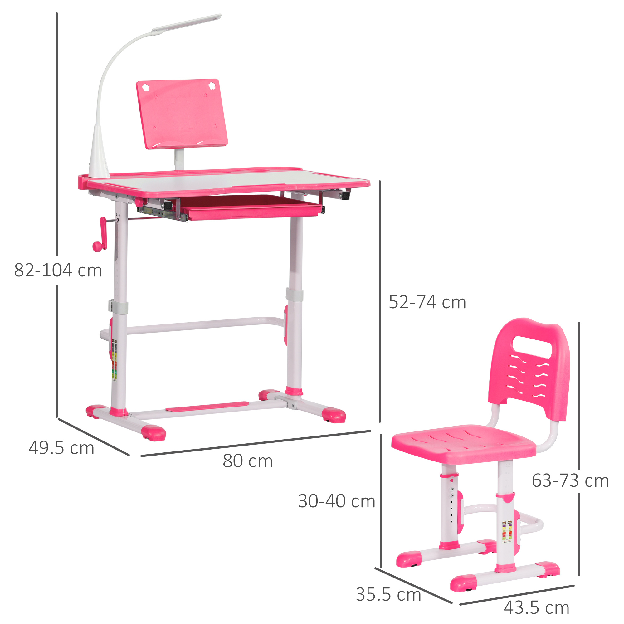 Set scrivania e sedia rosa. La scrivania ha una lampada, la sedia è regolabile. Sono fornite le dimensioni.
