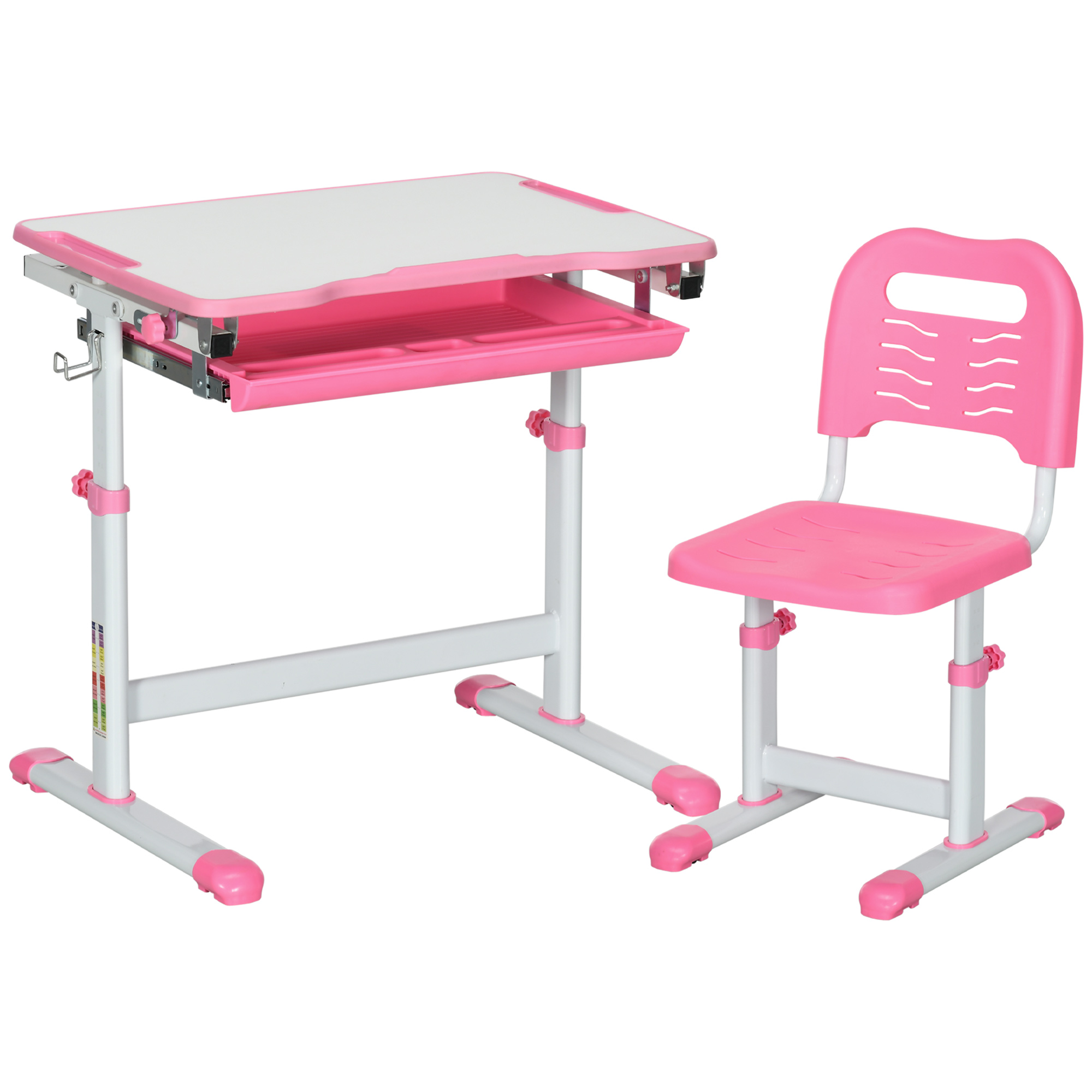 Un set di scrivania e sedia per bambini regolabile rosa e bianco su sfondo bianco.