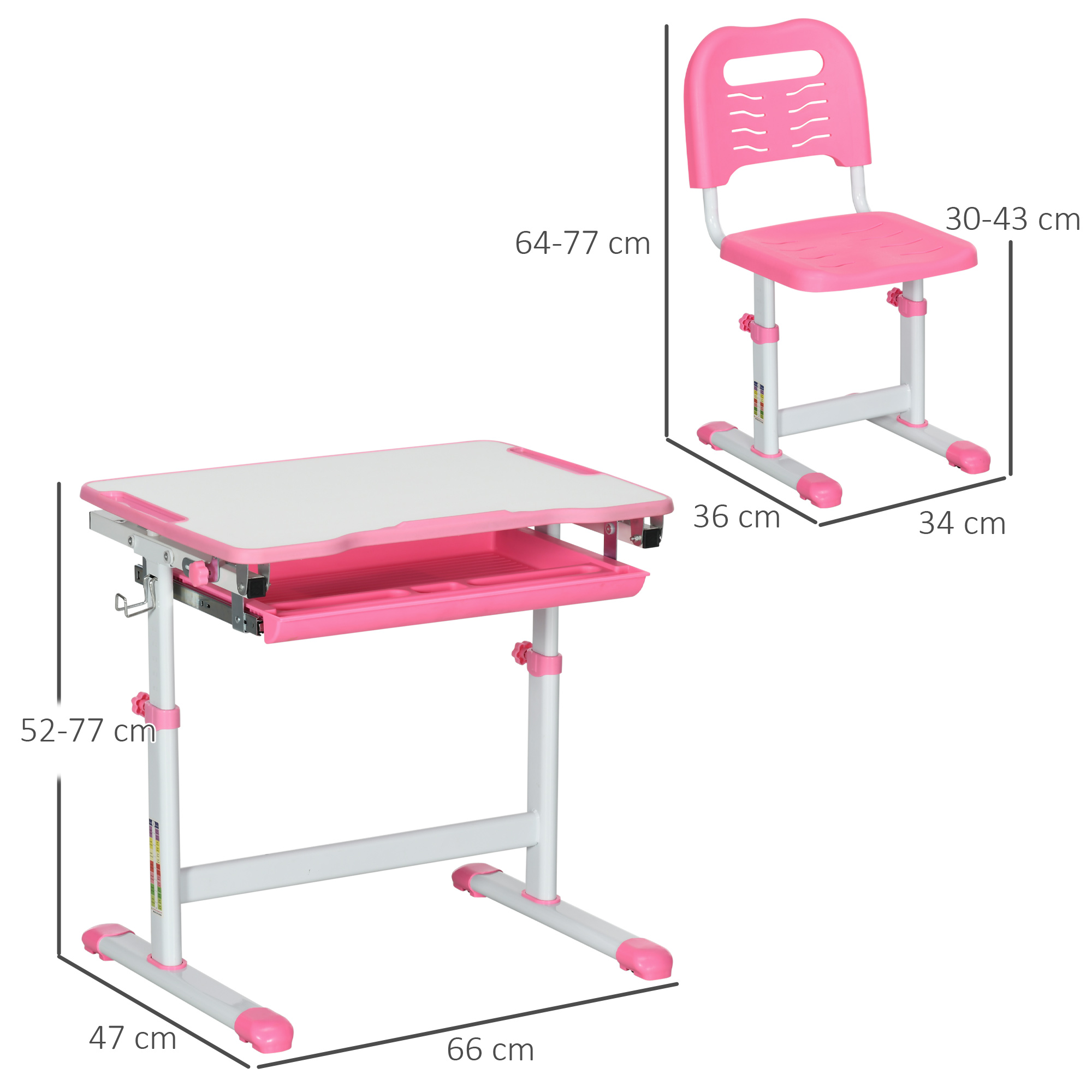 Un set scrivania e sedia regolabile rosa e bianco per bambini. La scrivania ha un piano bianco e un cassetto rosa.
