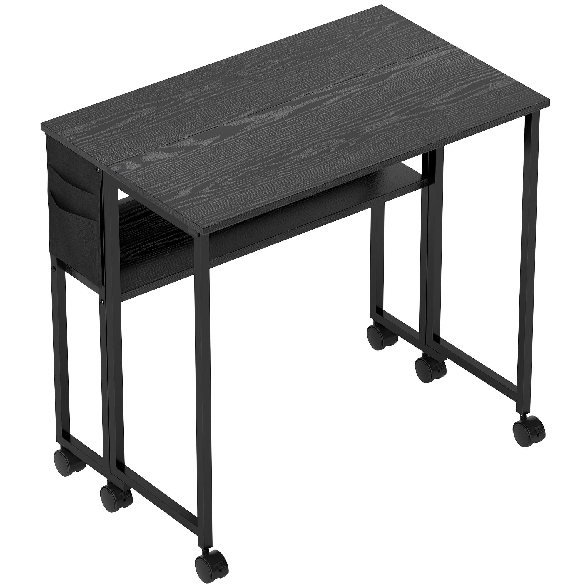 Una scrivania nera con piano in legno. Ha un ripiano, una tasca e quattro ruote. Lo sfondo è bianco.