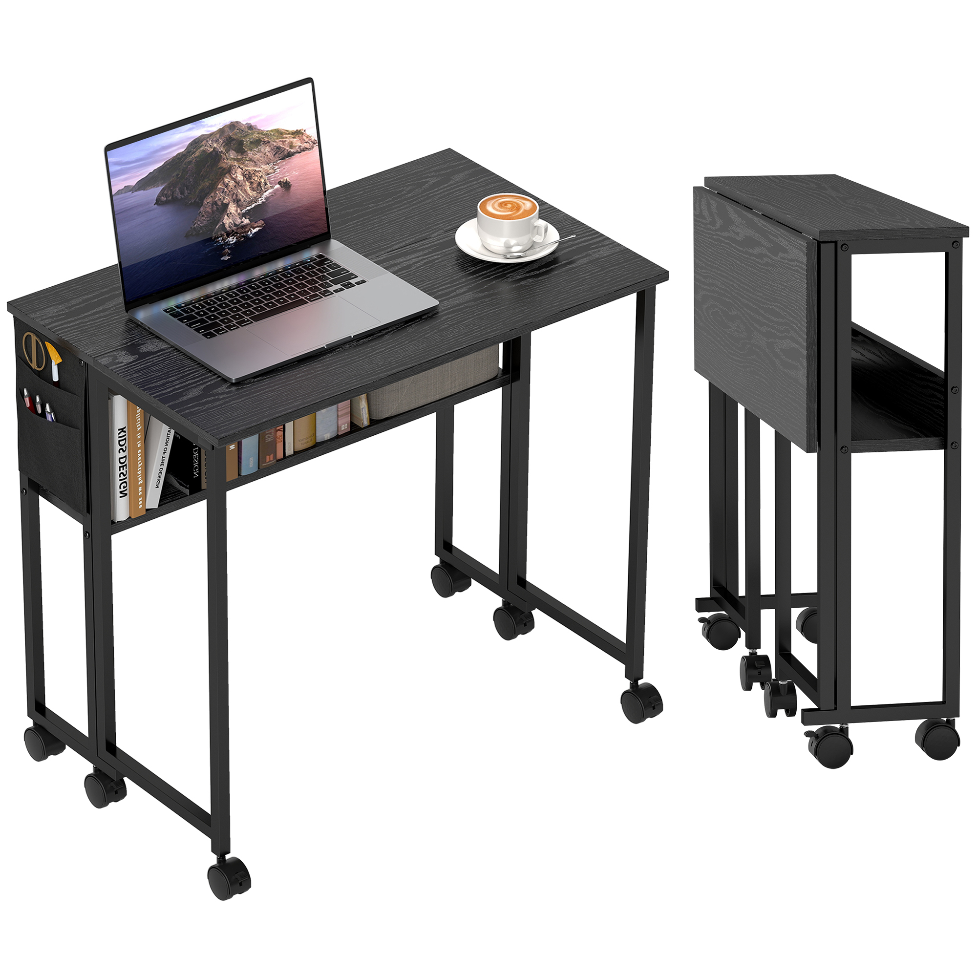 Scrivania nera per laptop con laptop, caffè e libri. Un'altra scrivania più piccola è ripiegata di lato. Entrambe hanno le ruote.