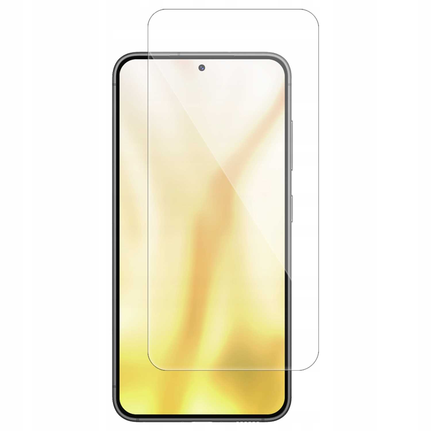 Smartfon z nałożonym ochraniaczem ekranu. Telefon ma czarną ramkę i złoty wyświetlacz. Ochraniacz jest przezroczysty.