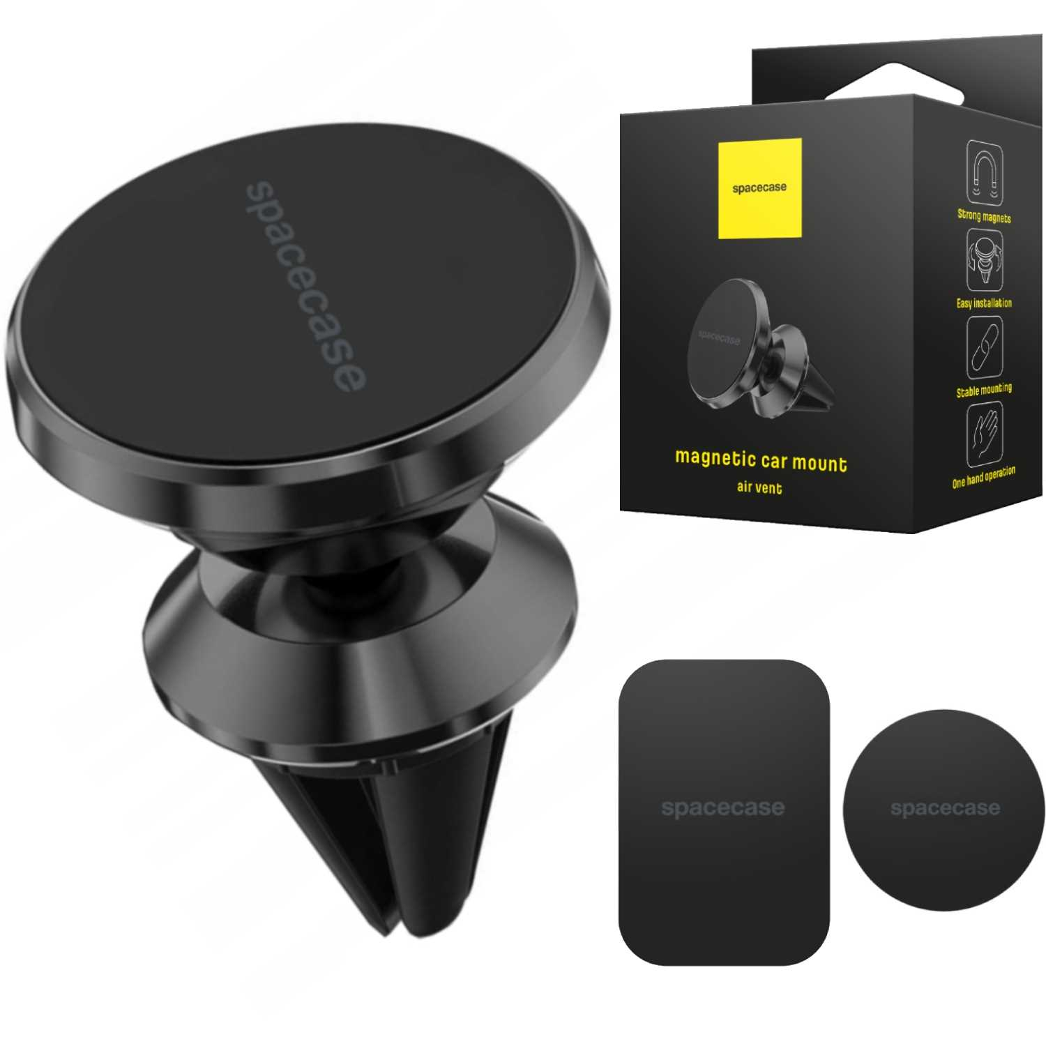 Czarny magnetyczny uchwyt samochodowy z marką 'spacecase'. Zawiera pudełko i dwie dodatkowe płytki magnetyczne.