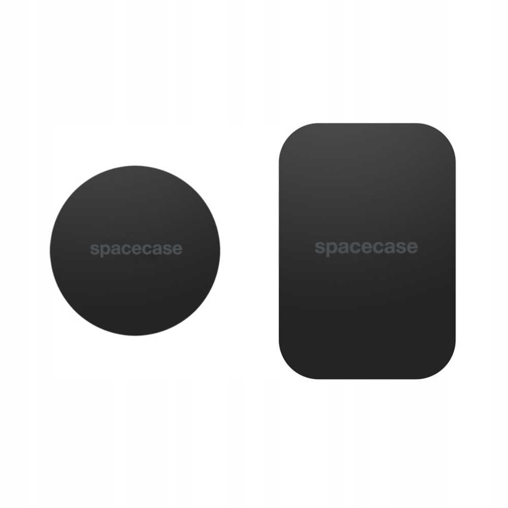 Dwa czarne produkty Spacecase: koło i zaokrąglony prostokąt, oba z napisem 'spacecase' w kolorze białym.