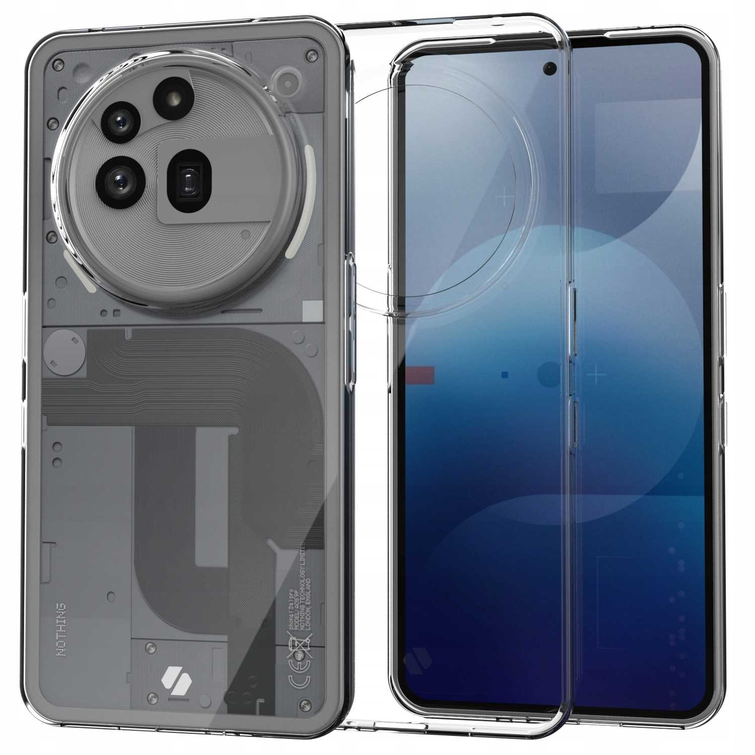 Bir telefonun iç bileşenlerini sergileyen şeffaf bir telefon kılıfı. Telefondaki çoklu kameralar ve NOTHING yazısı görünür durumda.