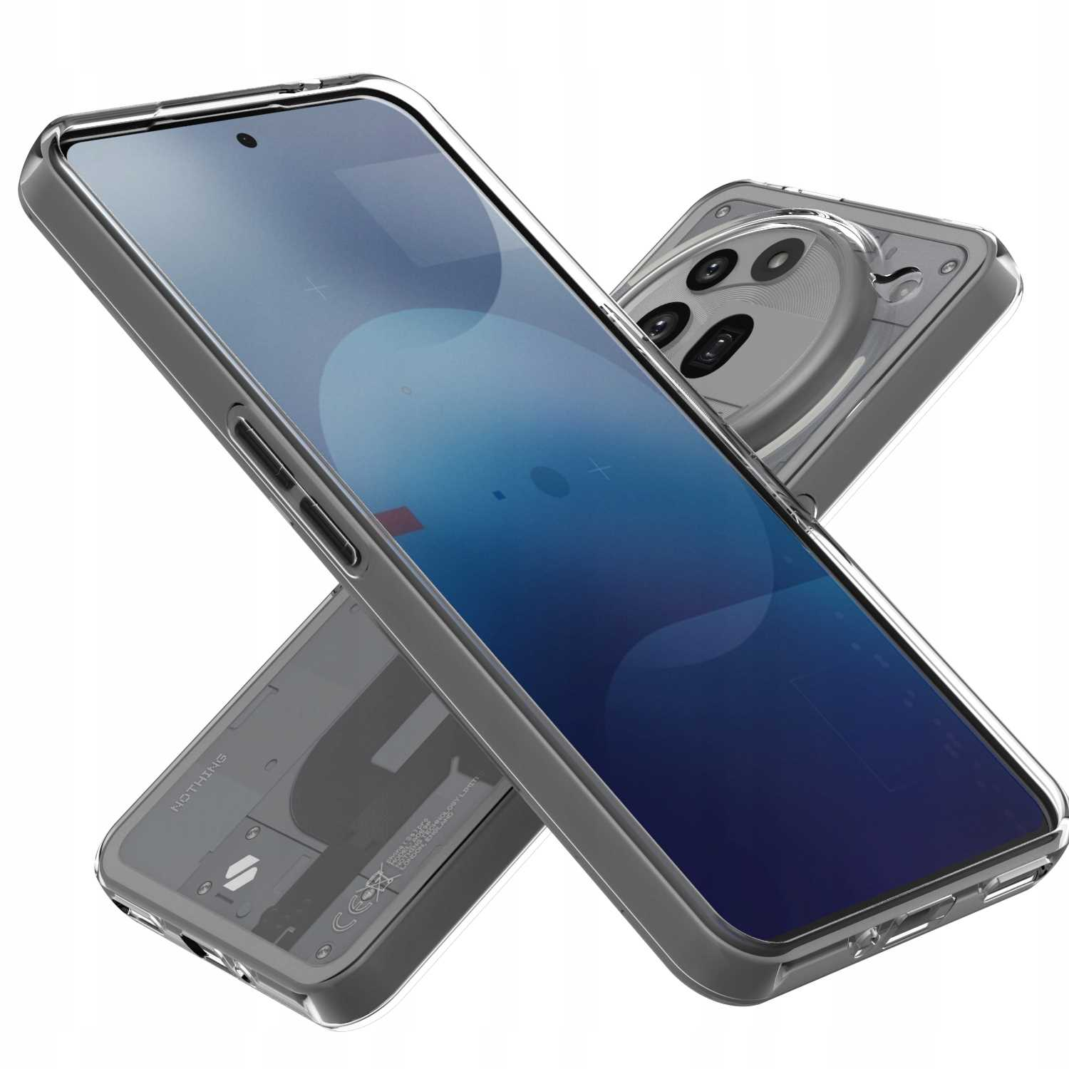 İki şeffaf telefon kılıfı, biri diğerinin üzerinde, bir telefonu gösteriyor. Üstteki açılı, telefonun ekranını ortaya çıkarıyor.